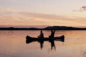Två personer paddlar kanot i solnedgången på Siljan.