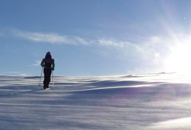 En person åker turskidor på ett snöigt fjäll.