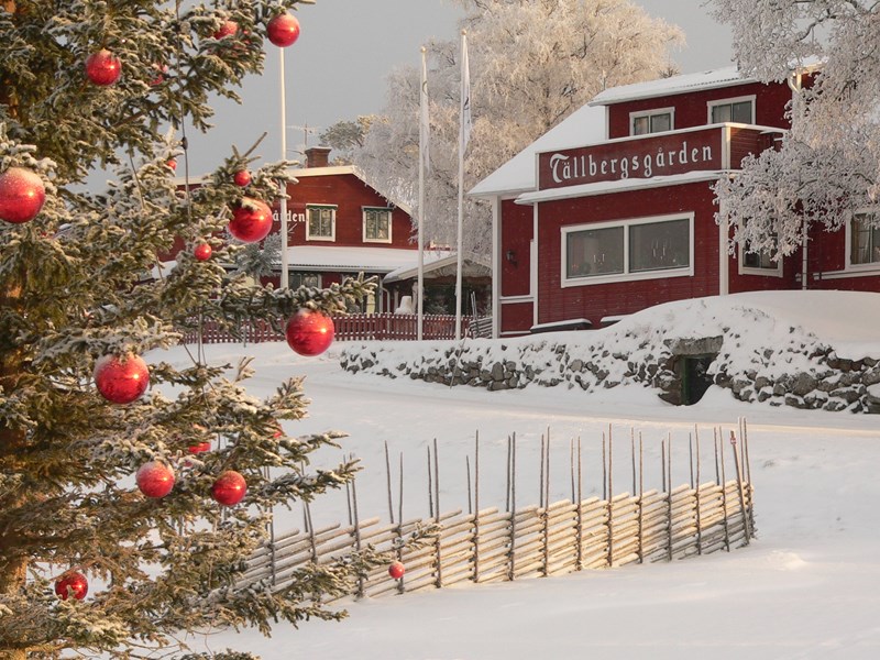 Julgran med julkulor på Tällbergsgården.