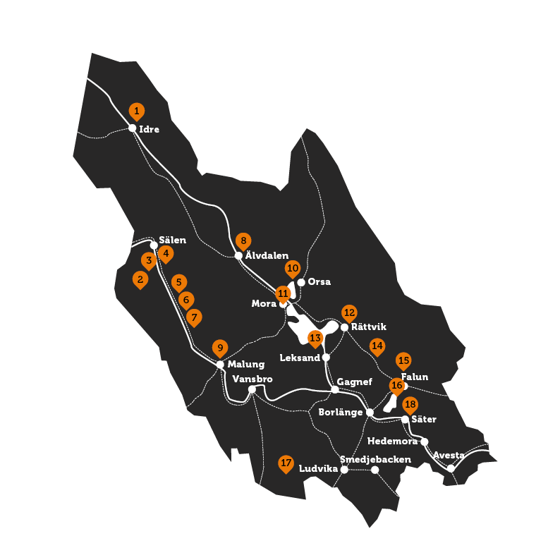 Map over the biking areas in Dalarna.