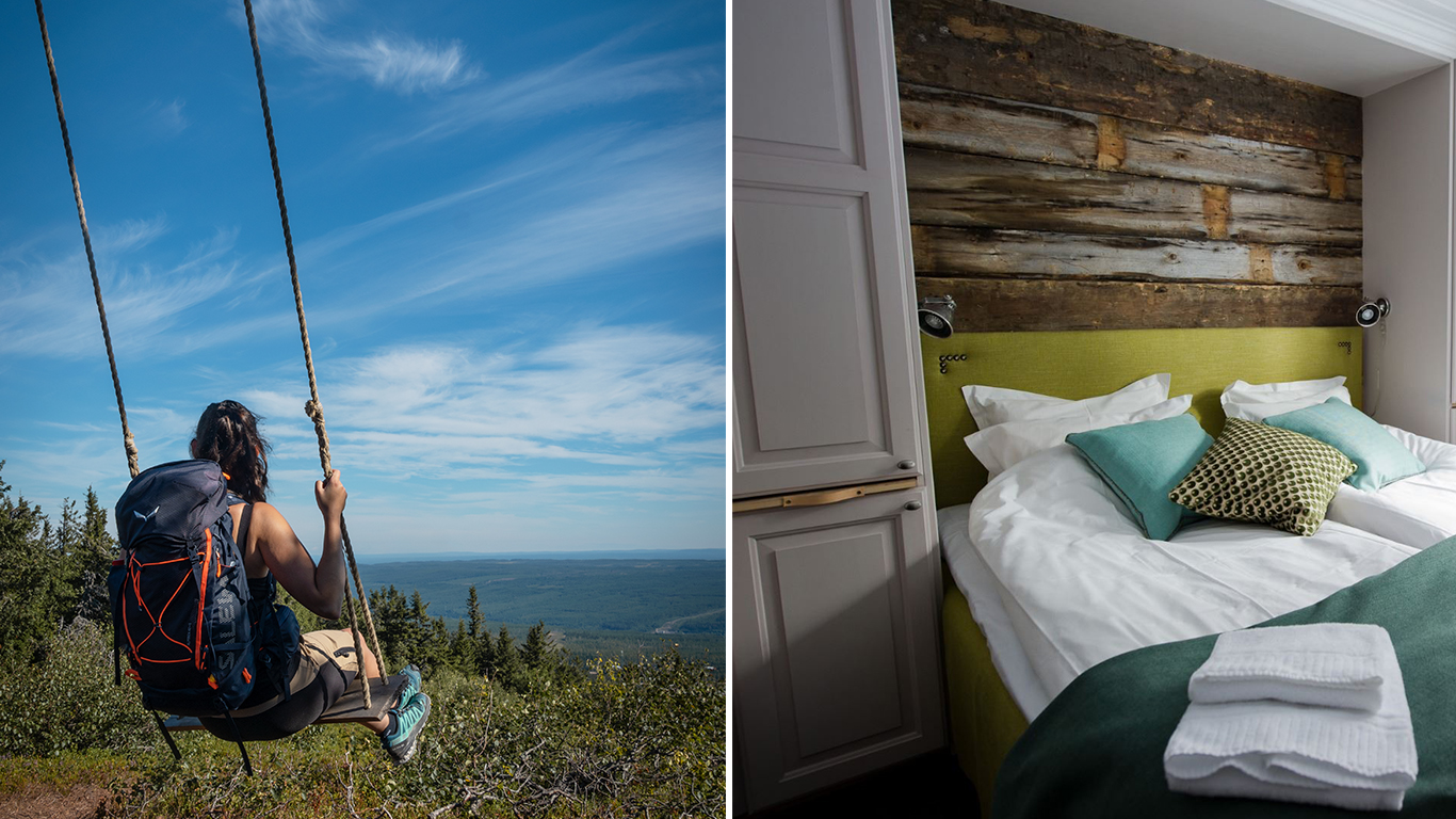 Collage: En kvinna med ryggsäck gungar med fjällutsikt, ett mysigt hotellrum med bäddad säng och timmervägg.
