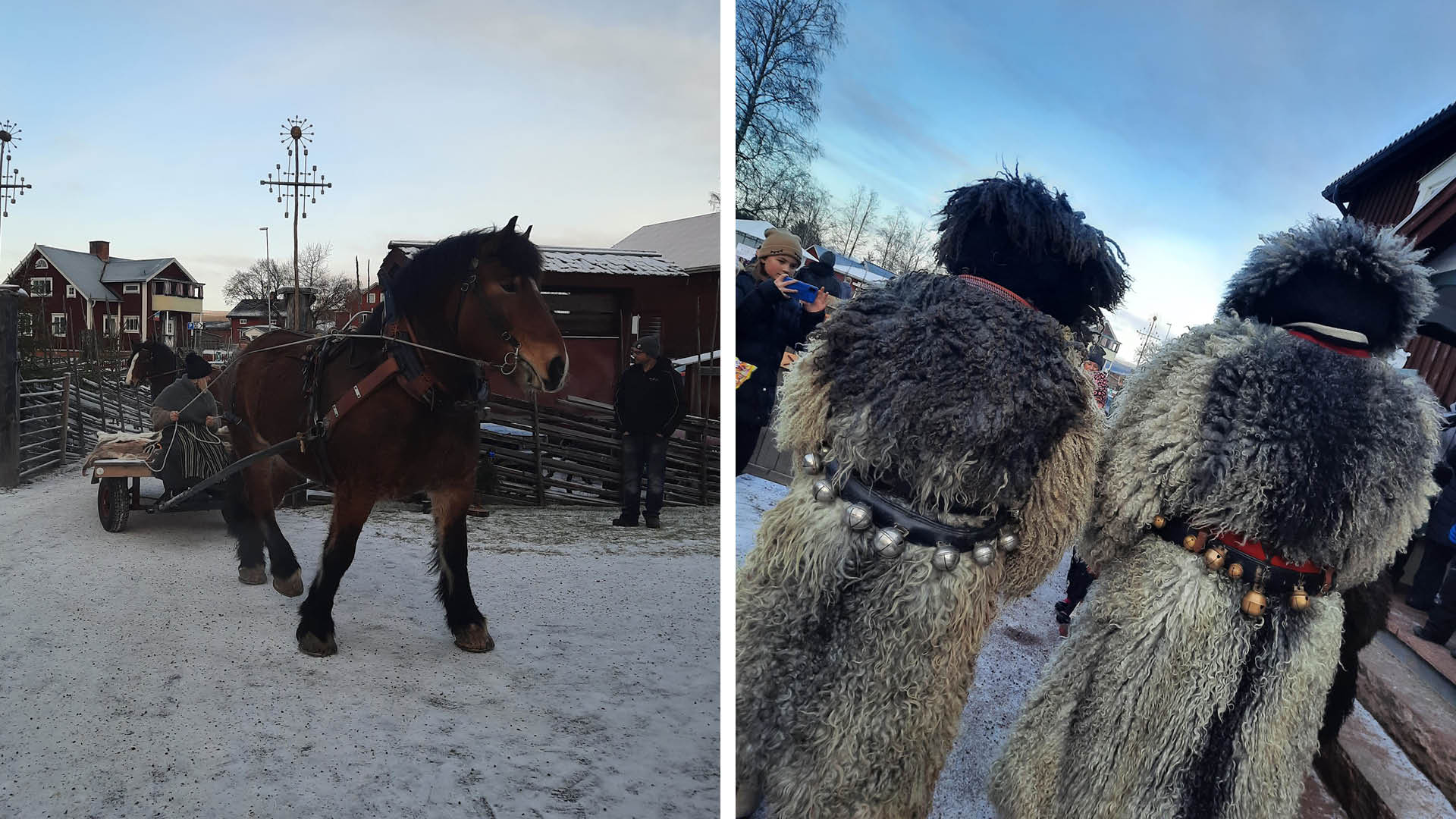 Häst och vagn vid julmarknaden på Rots Skans i Älvdalen.