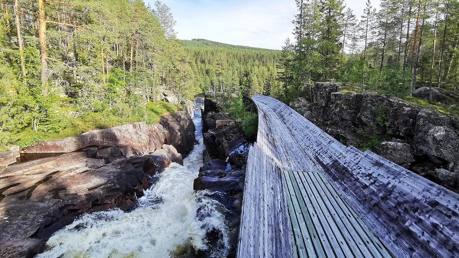 Forsande vatten bredvid en gammal timmerränna.