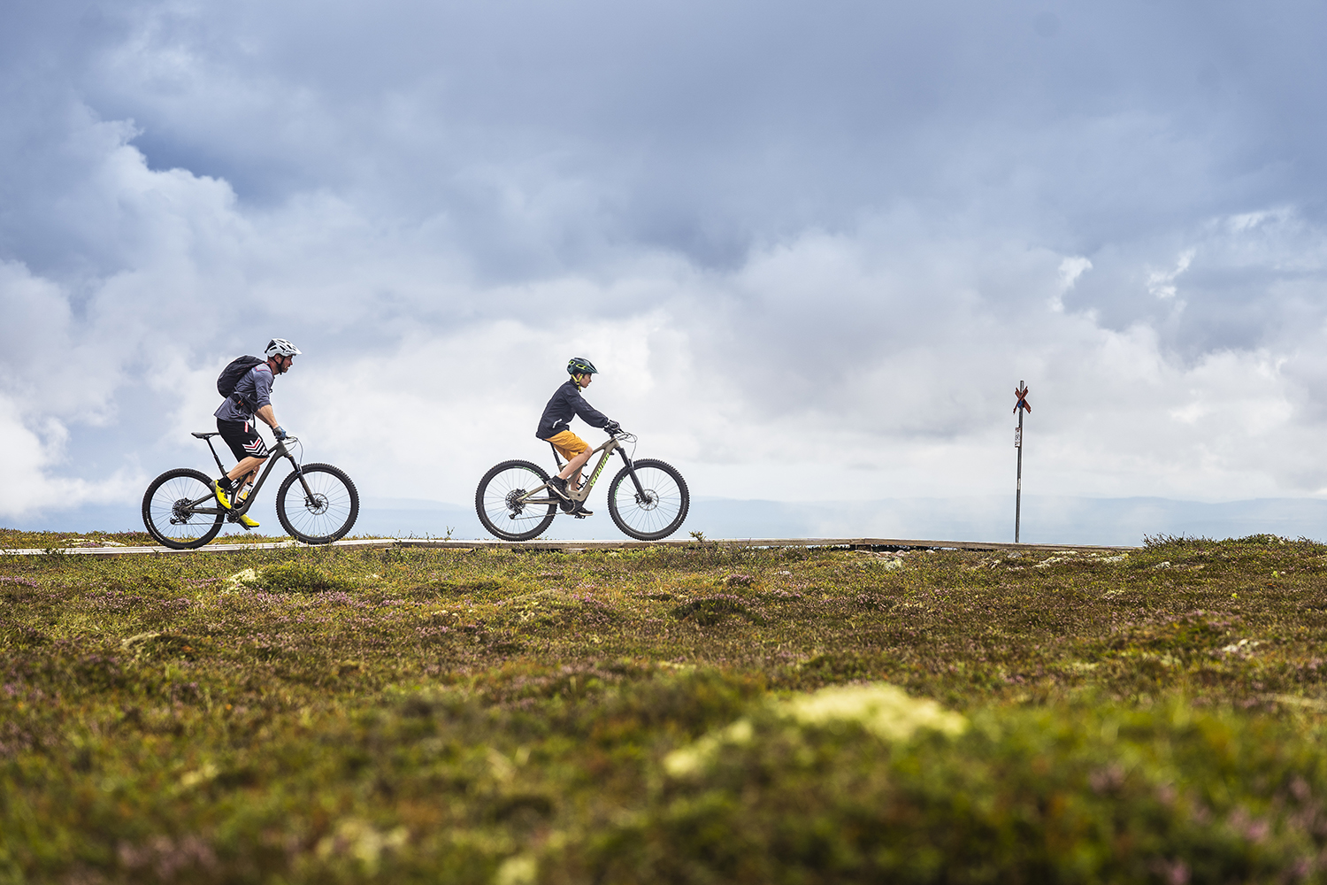 En man och en pojke cyklar i fjällmiljö.