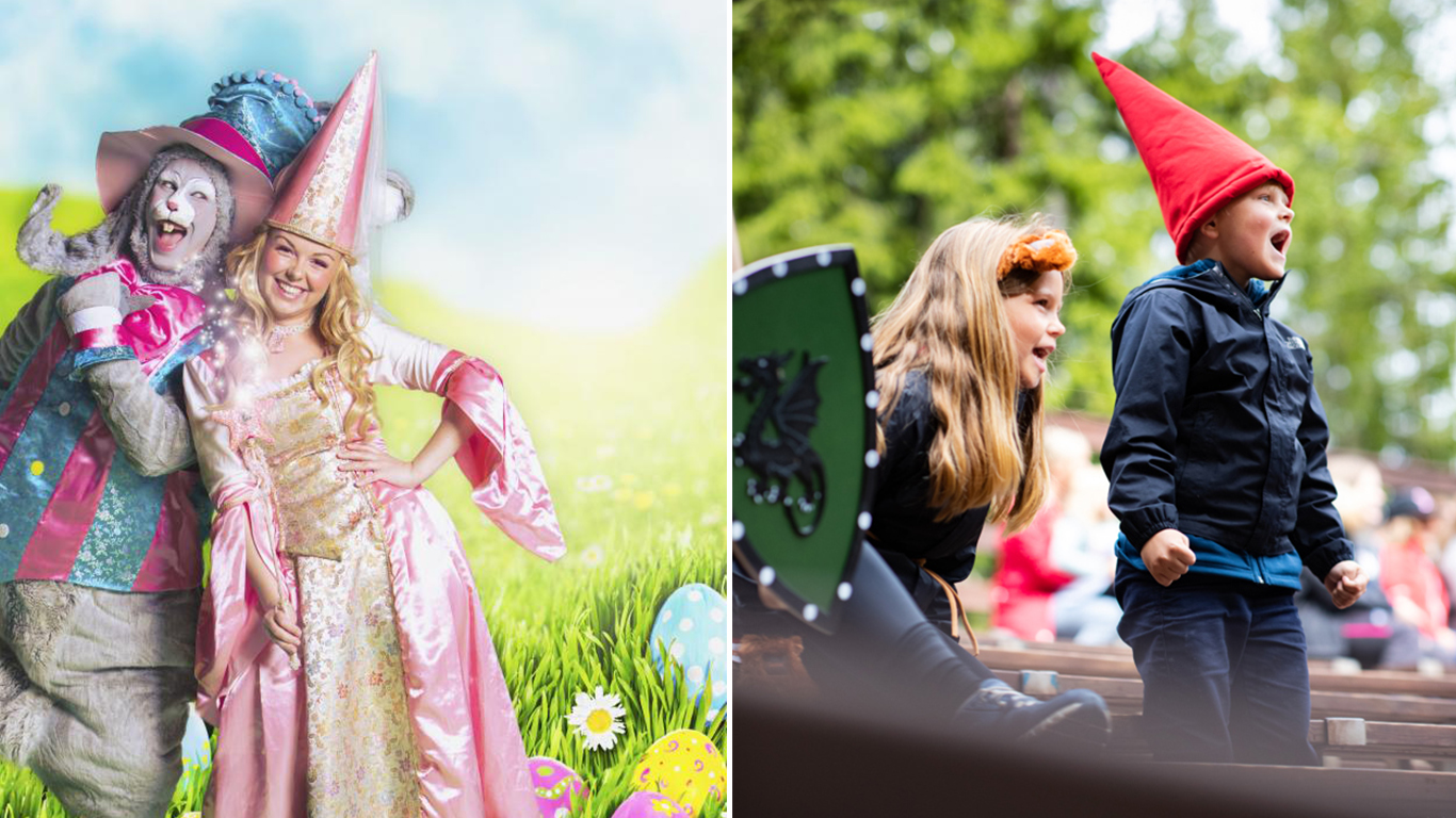 Collage: En påskfé och utklädd påskhare, två barn i ett publikhav.