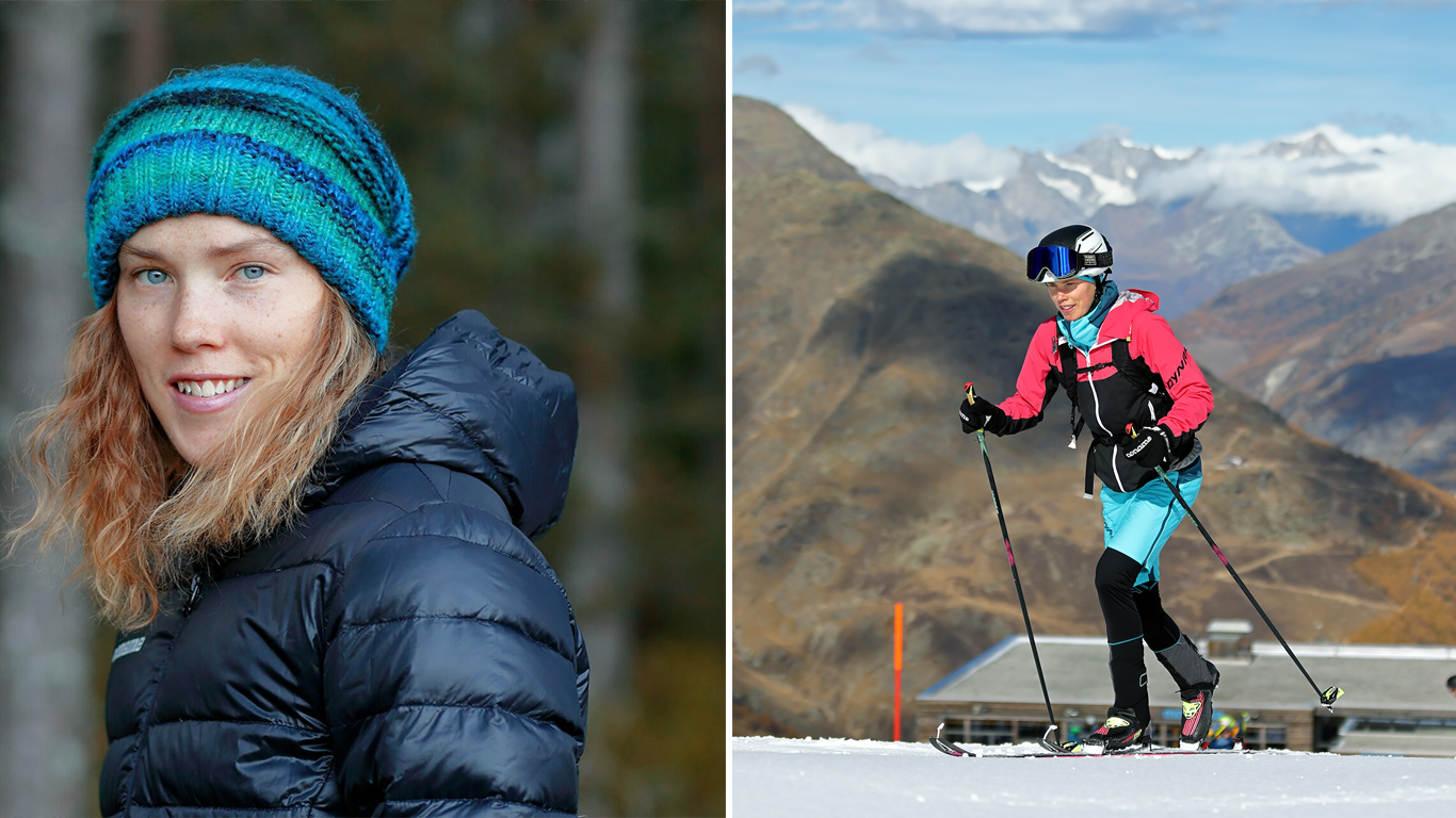 Collage: Porträtt av Tove Alexandersson i stickad mössa och Tove som åker skidor.