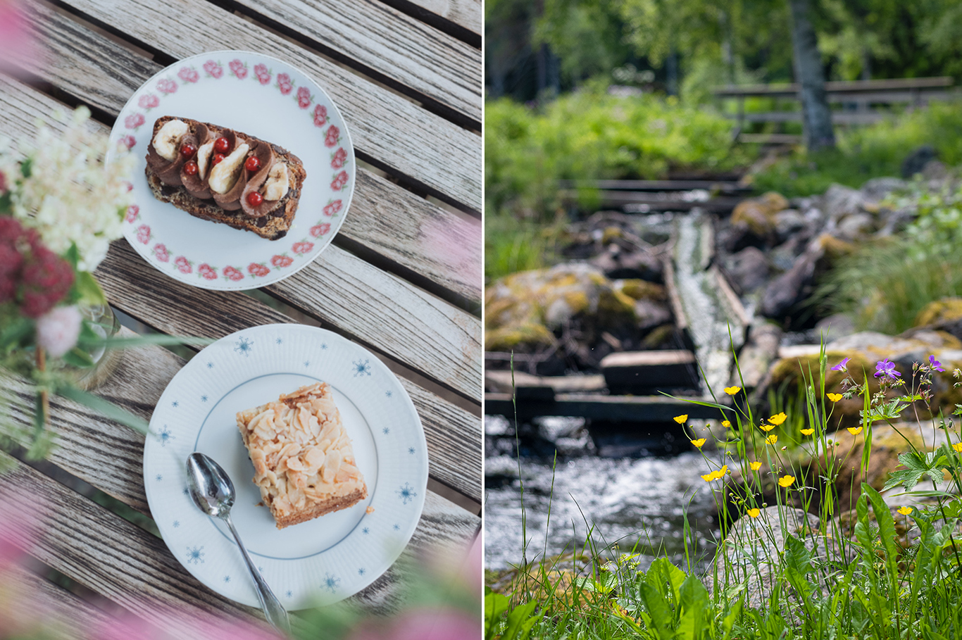 Collage: Vackra bakverk på fat, vårblommor framför ett vattendrag.