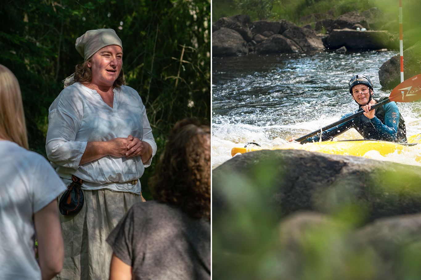 Collage: En kvinna i kjol och huckle, en ung man forspaddlar.