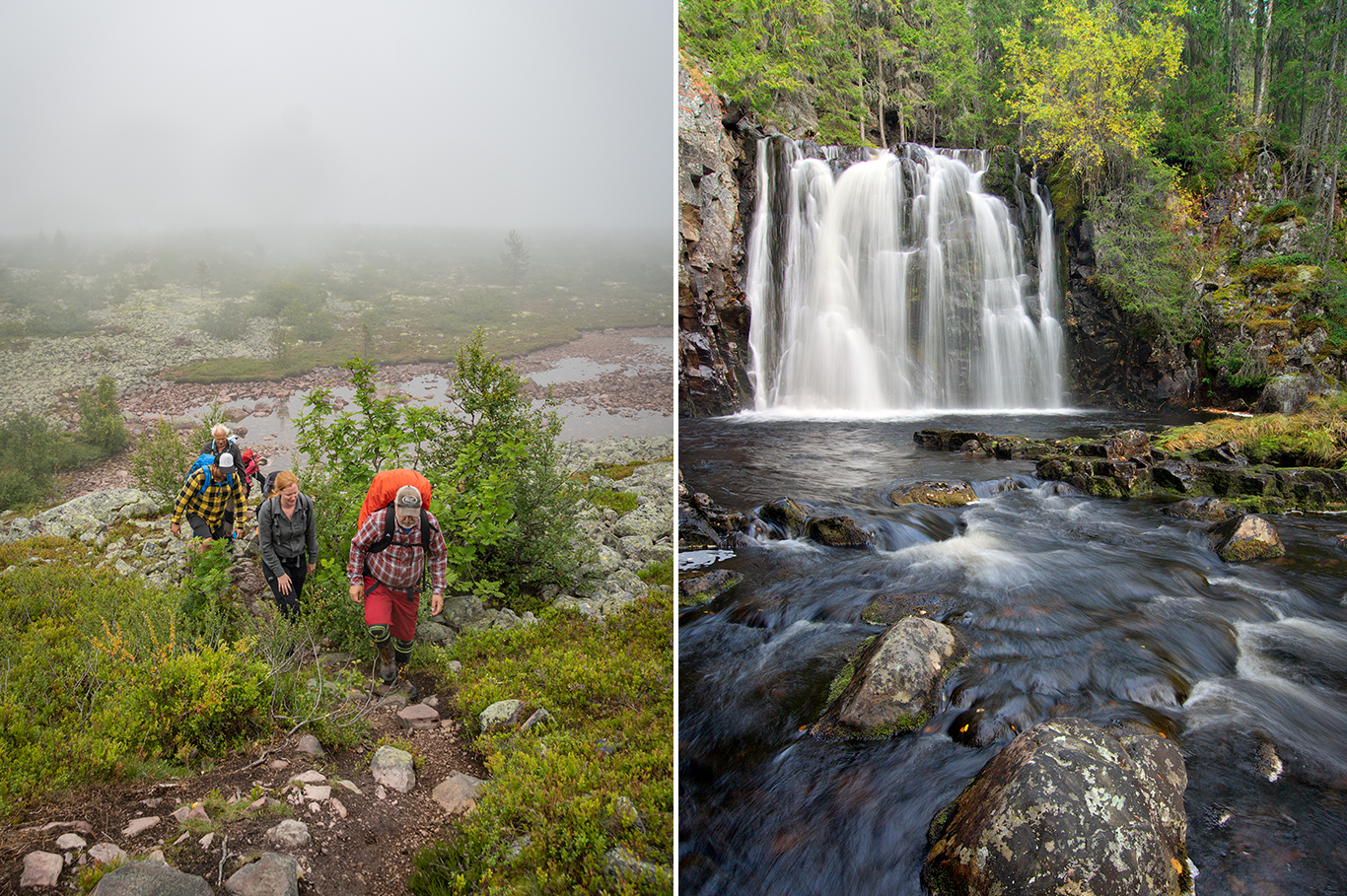 Collage: En grupp fjällvandrar, ett vackert vattenfall.