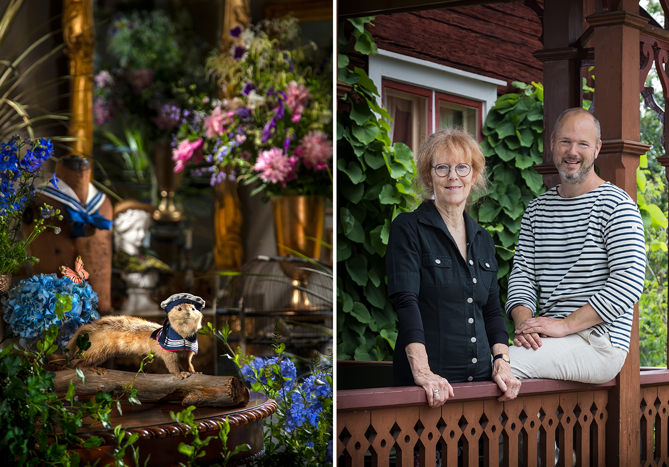 Collage: En iller i basker bland vackra växter, Karin Ferner i svart och Andreas Graveleij i sartvit randig tröja.