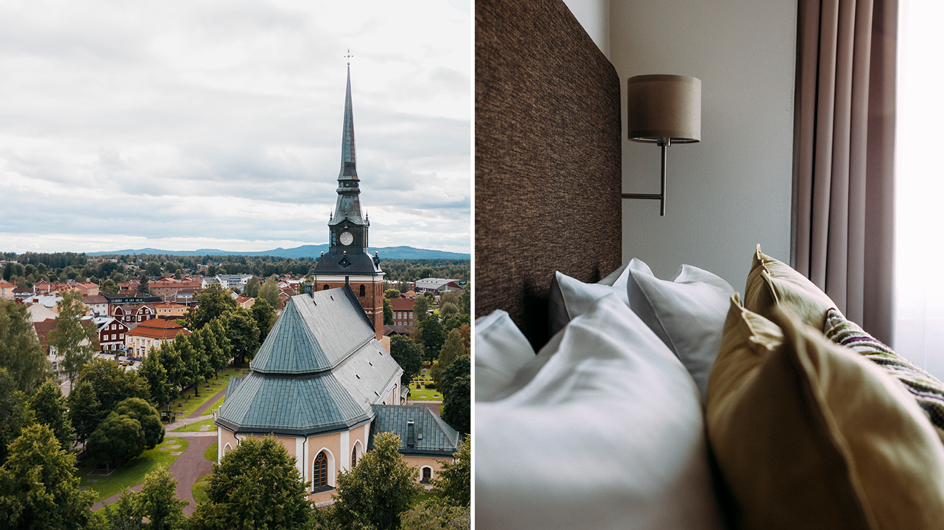 Collage: Mora stad med kyrkan, närbild på mjuka kuddar i hotellsäng.