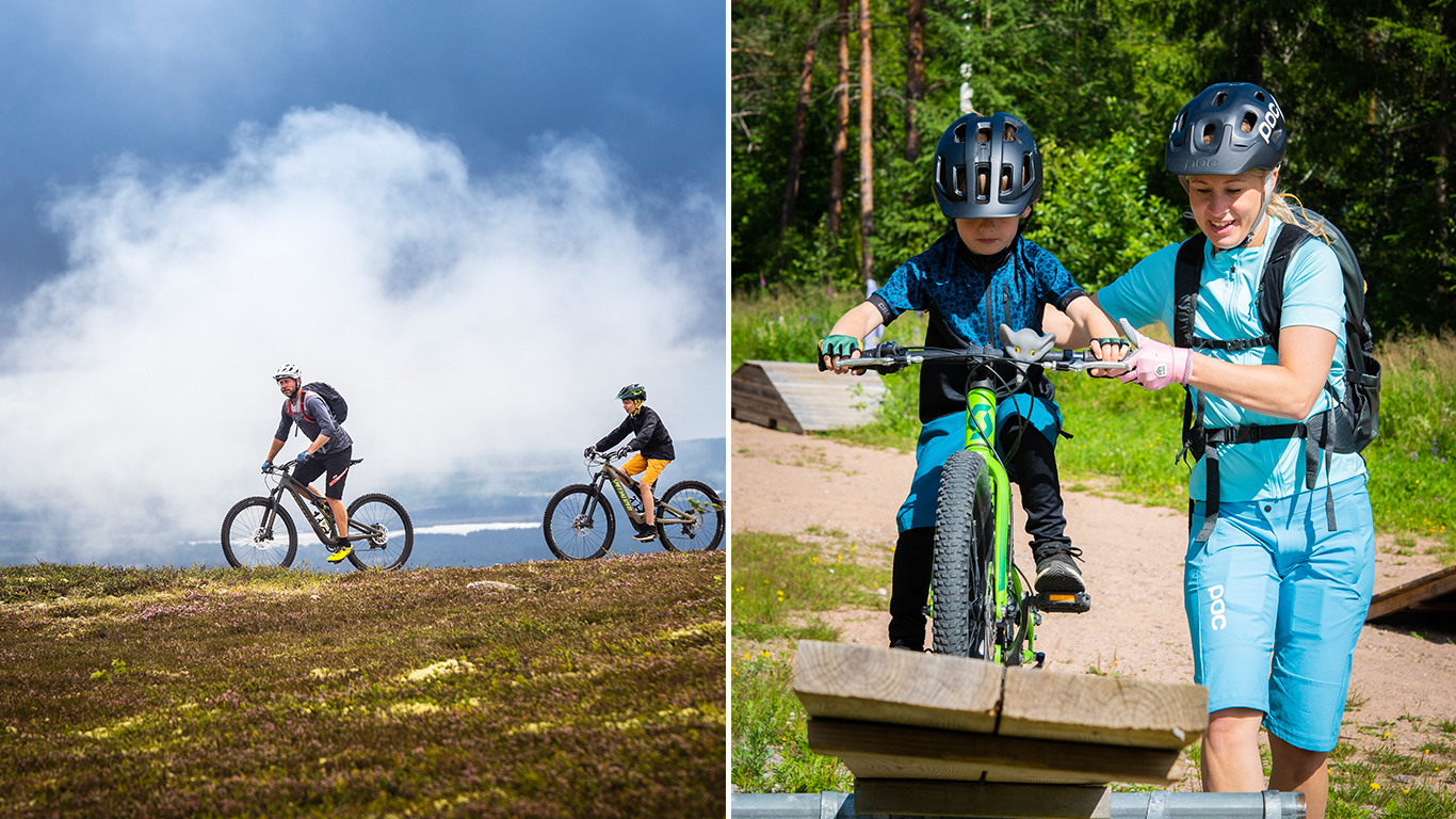 Collage: En man och en pojke cyklar i fjällmiljö, en kvinna hjälper ett litet barn över ett cykelhinder.