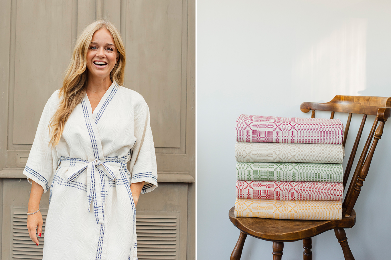 Collage: Ebba von Sydow i vit morgonrock, en stol med hopvikta tyger på.