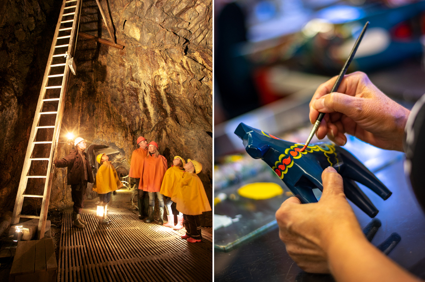 Collage: En grupp människor tittar upp mot taket i Falu gruva, två händer håller och målar en blå dalahäst.