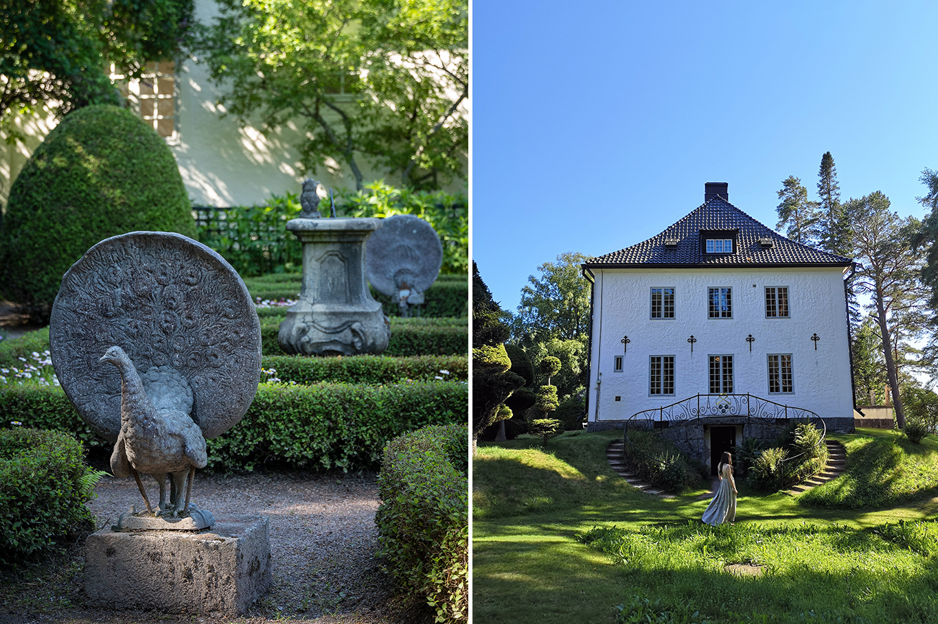 Collage: En stenskulptur av en påfågel vid Hildasholm, en kvinna går framför en stor vit byggnad.