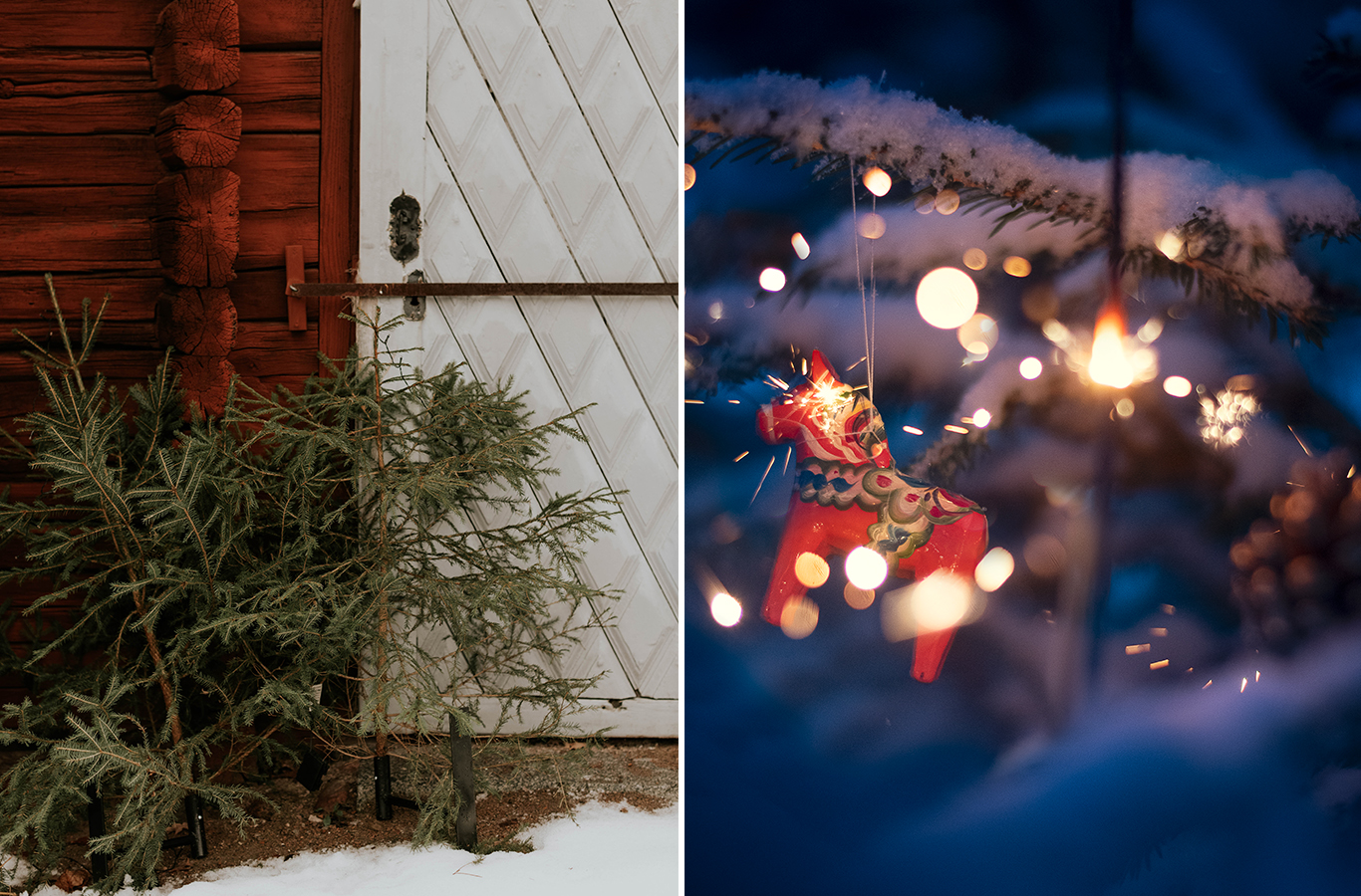 Collage: En gran utanför en vit dörr i röd stuga, en dalahäst och tomtebloss hänger i en gran med snö på grenarna.