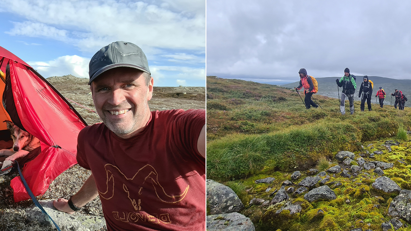 Collage: en man i keps ler bredvid ett rött tält, en grupp vandrar på ett fjäll.