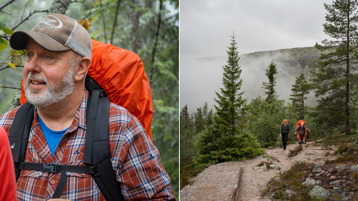 Collage: En man i keps bär en stor ryggsäck, en grupp vandrar genom skog med dimmig bakgrund.