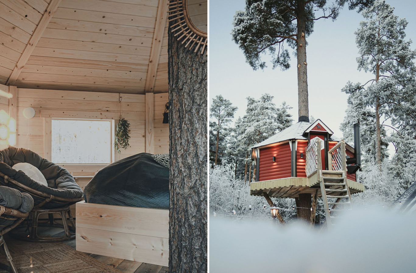 Collage: En mysig trädkoja i rött byggd runt en trädstam, inredd med säng och fåtöljer.