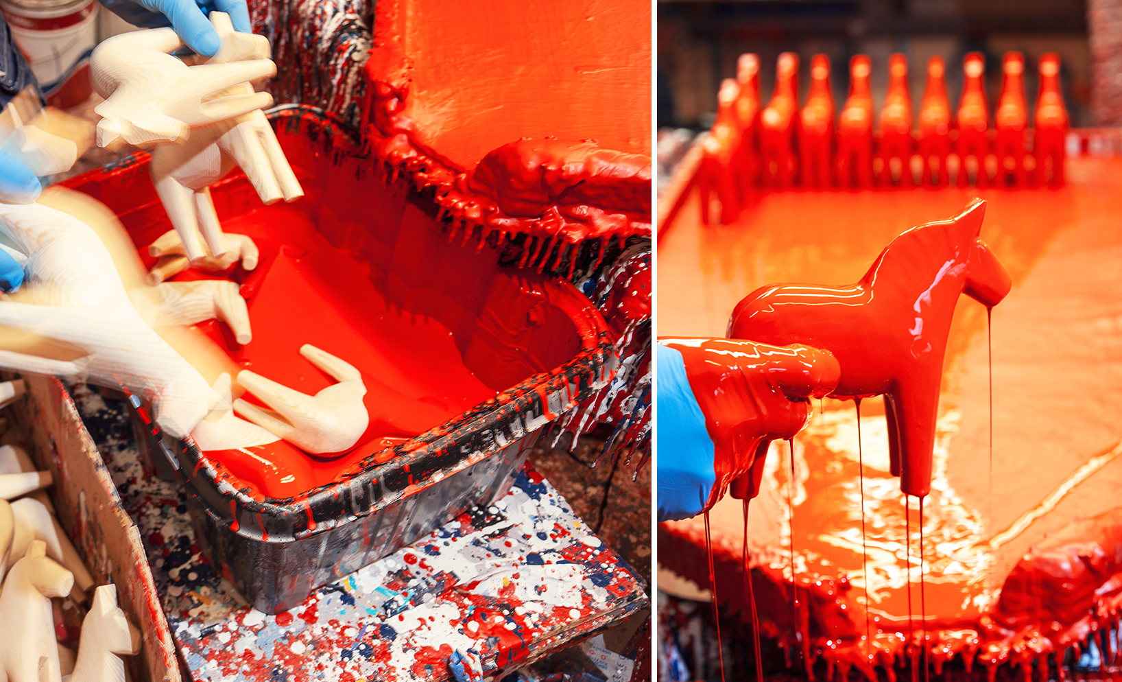 Trärena dalahästar doppas i rödfärg.