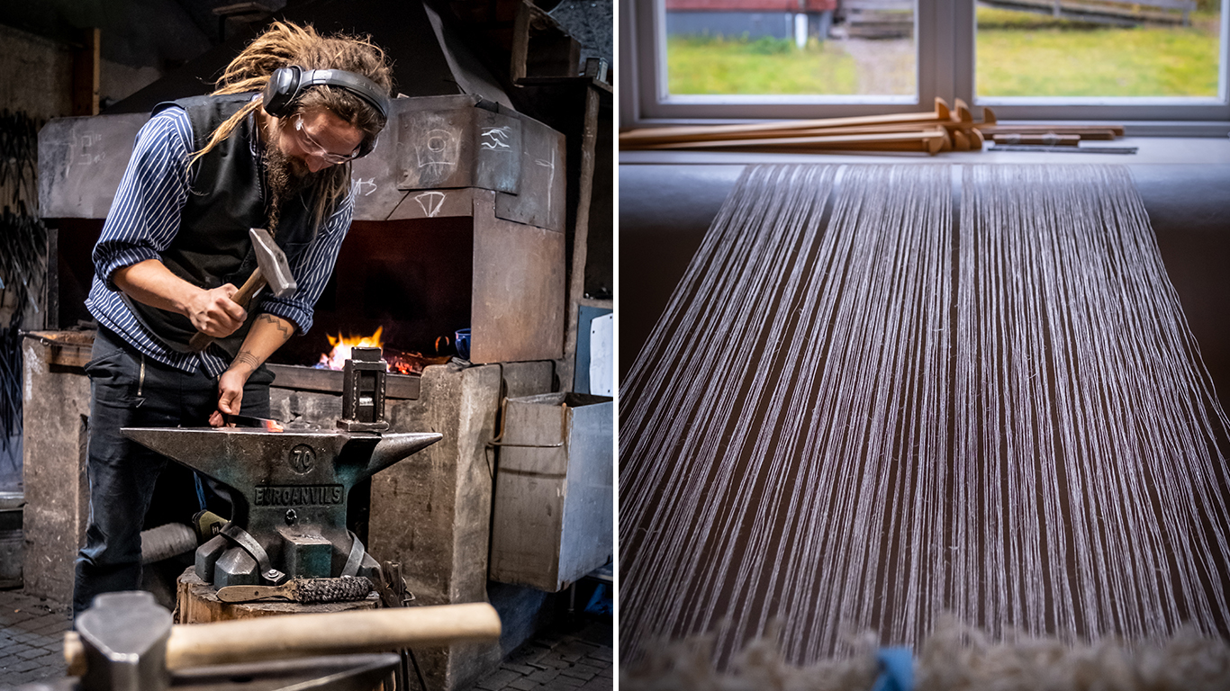 Collage: en man hamrar på varmt järn och trådar sitter i en väv.