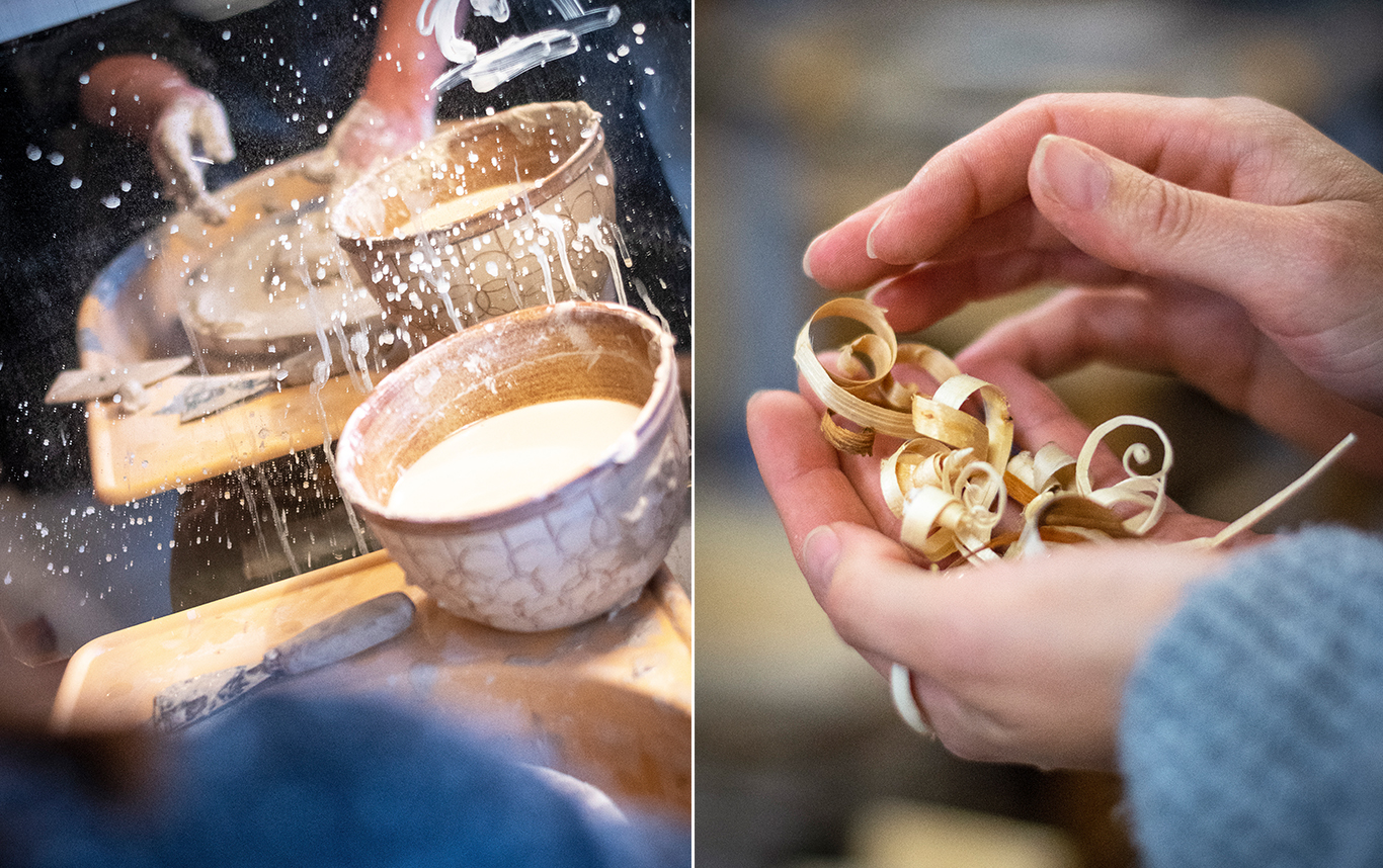 Collage: Vattenstänk över drejade skålar, ett par händer håller krusiga träspån.
