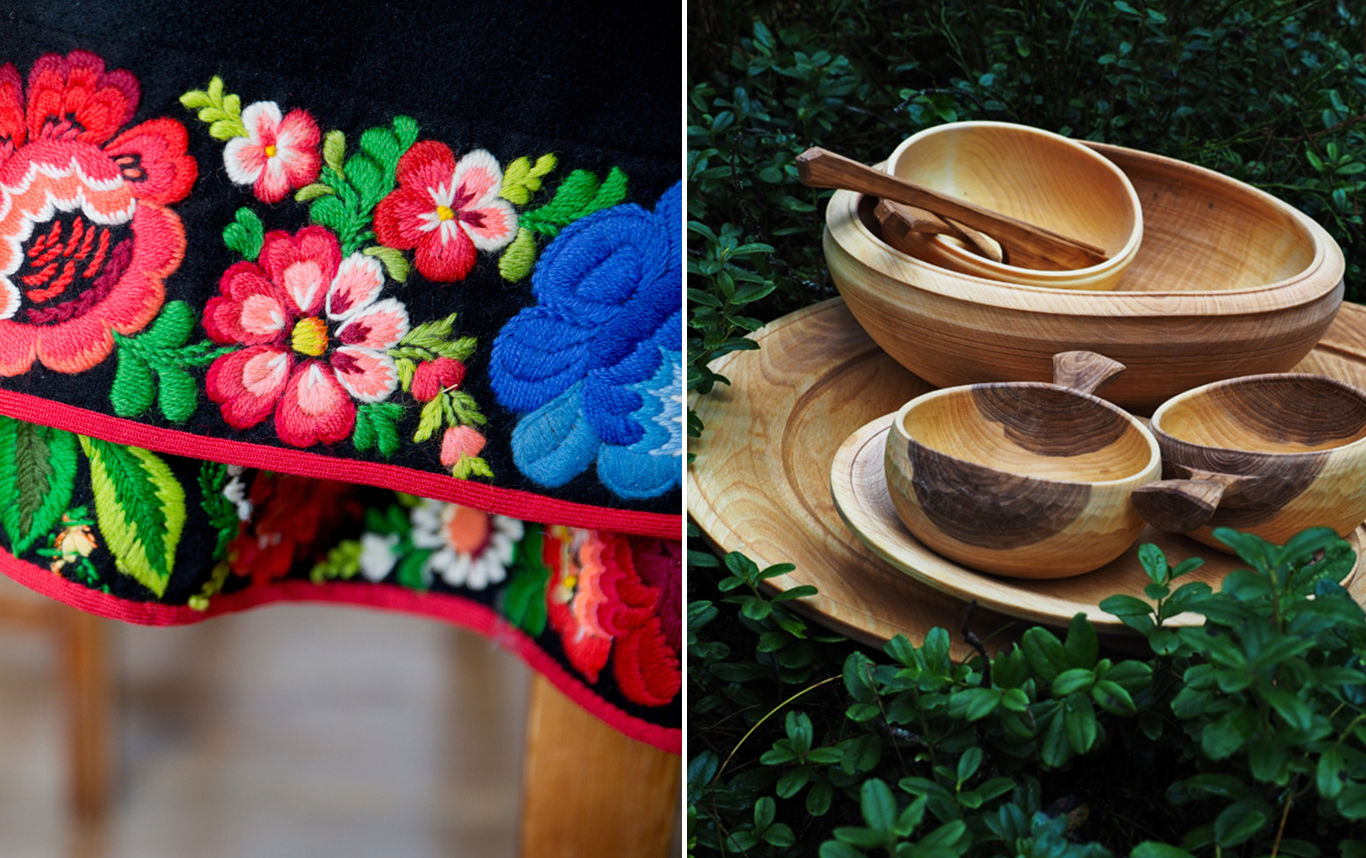 Collage: Broderade blommor på svart tyg, en grupp svarvade träskålar.