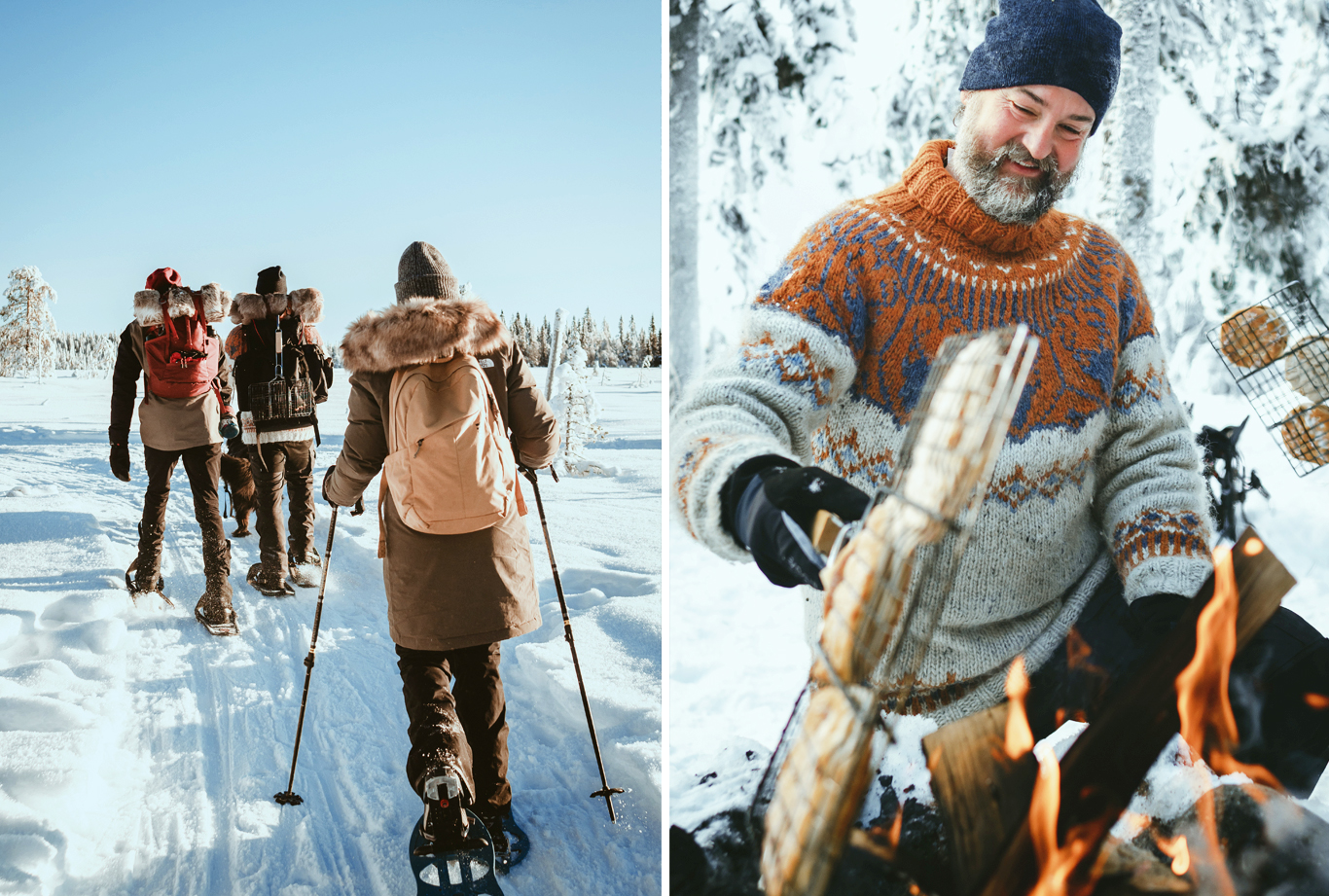 Collage: Personer går på snöskor i vackert väder, en man grillar över öppen eld.