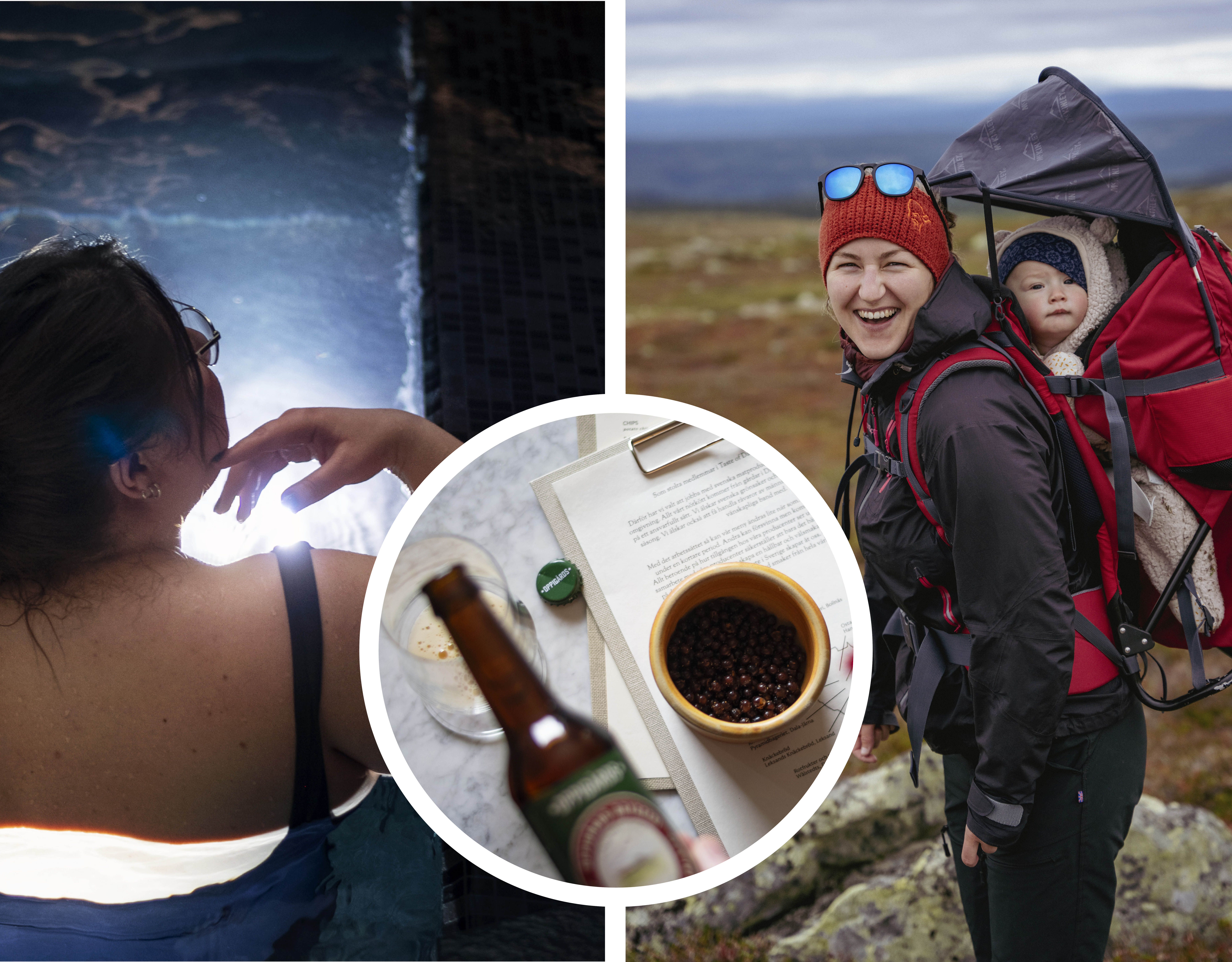 Kvinna i ett upplyst bubbelbad. Flaska som hälls i ett glas. Kvinnlig vandrare med barn i bärstol.