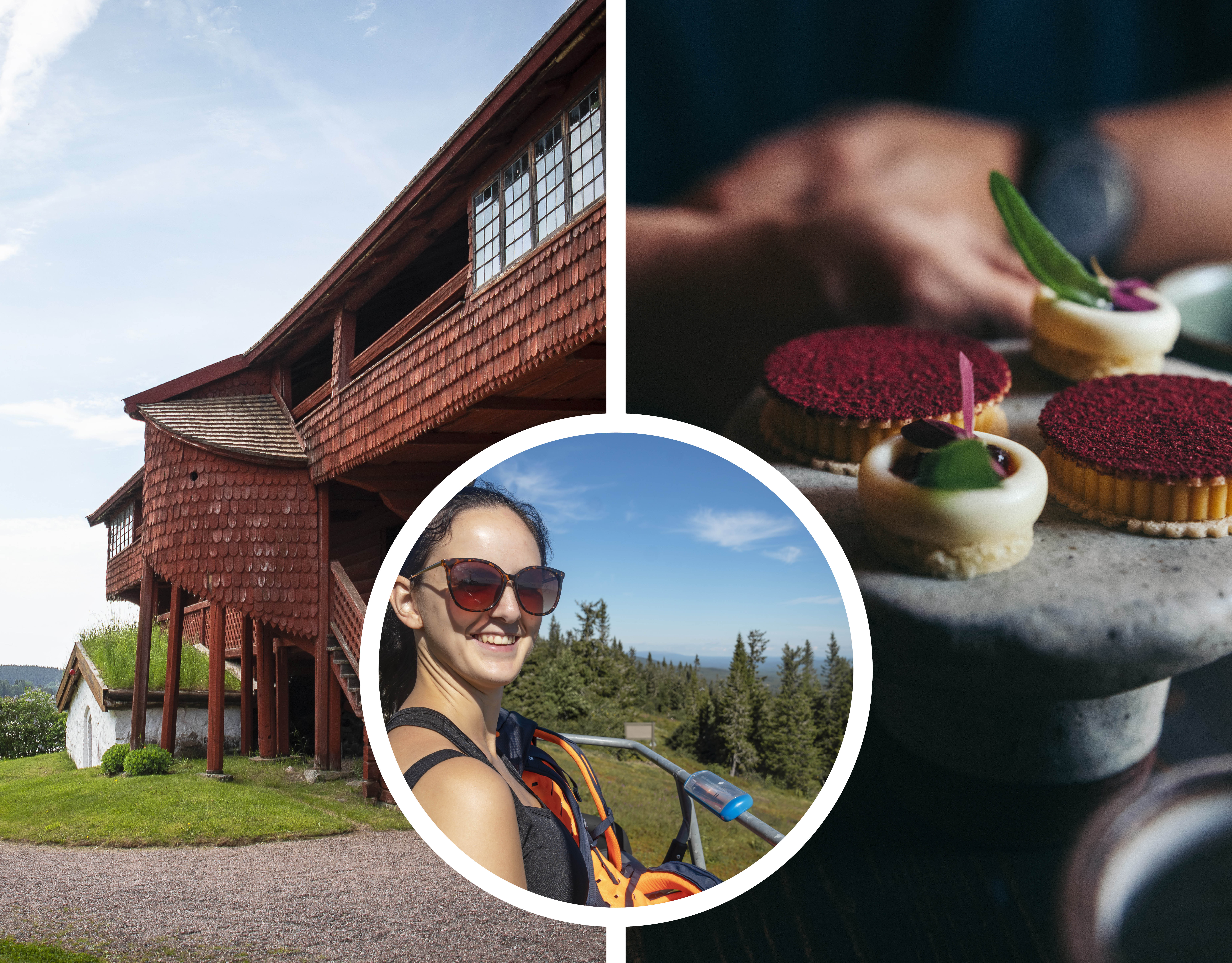 Ornässtugan Falurödfärgsmålad med loftgång.  Kvinna i en sittlift sommartid. Kakbuffé.