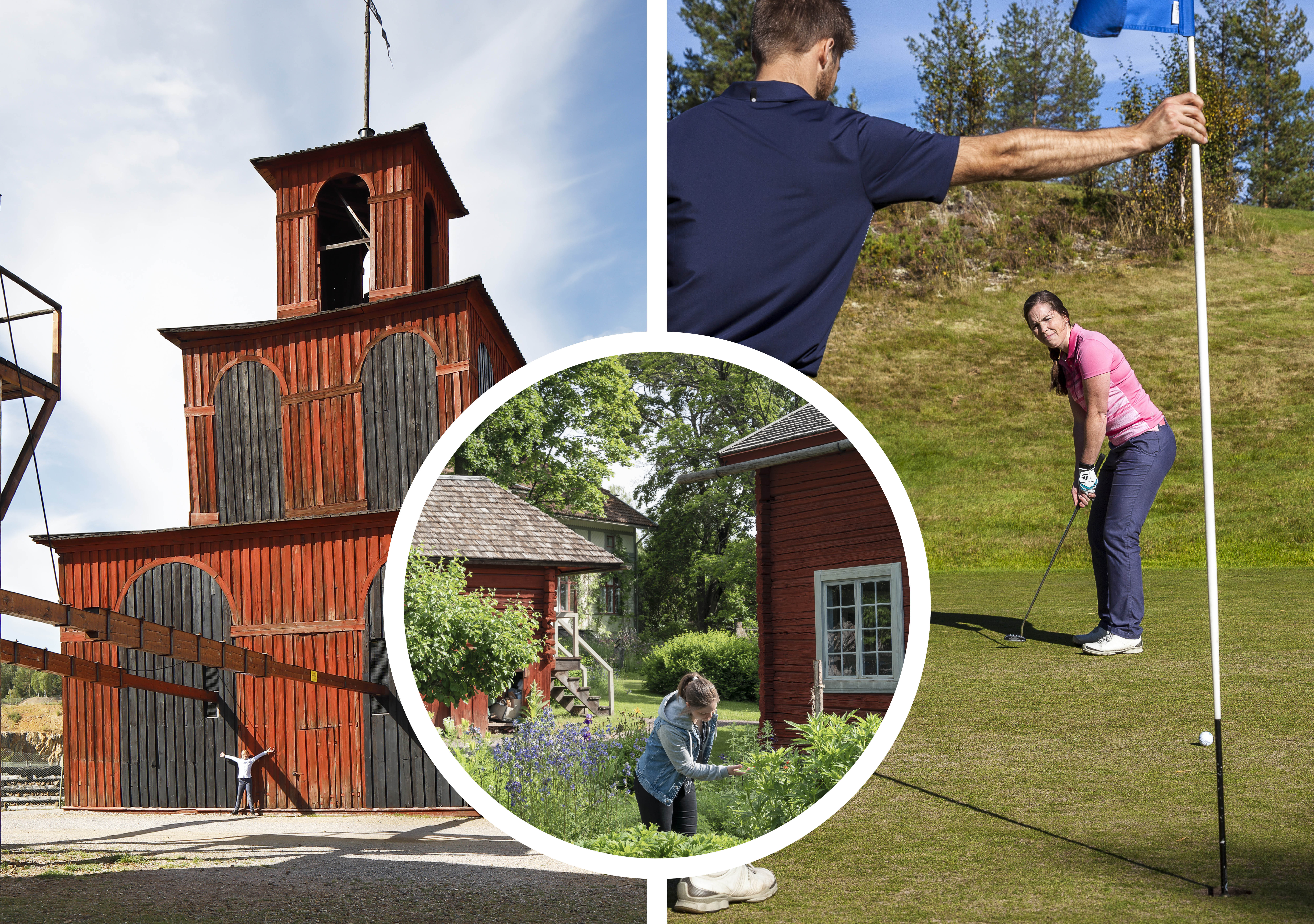 Creutz lave vid Falu Gruva. Carl von Linnés trädgård bakom Linnés Bröllopsstuga. Golfspelare förbereder putt.