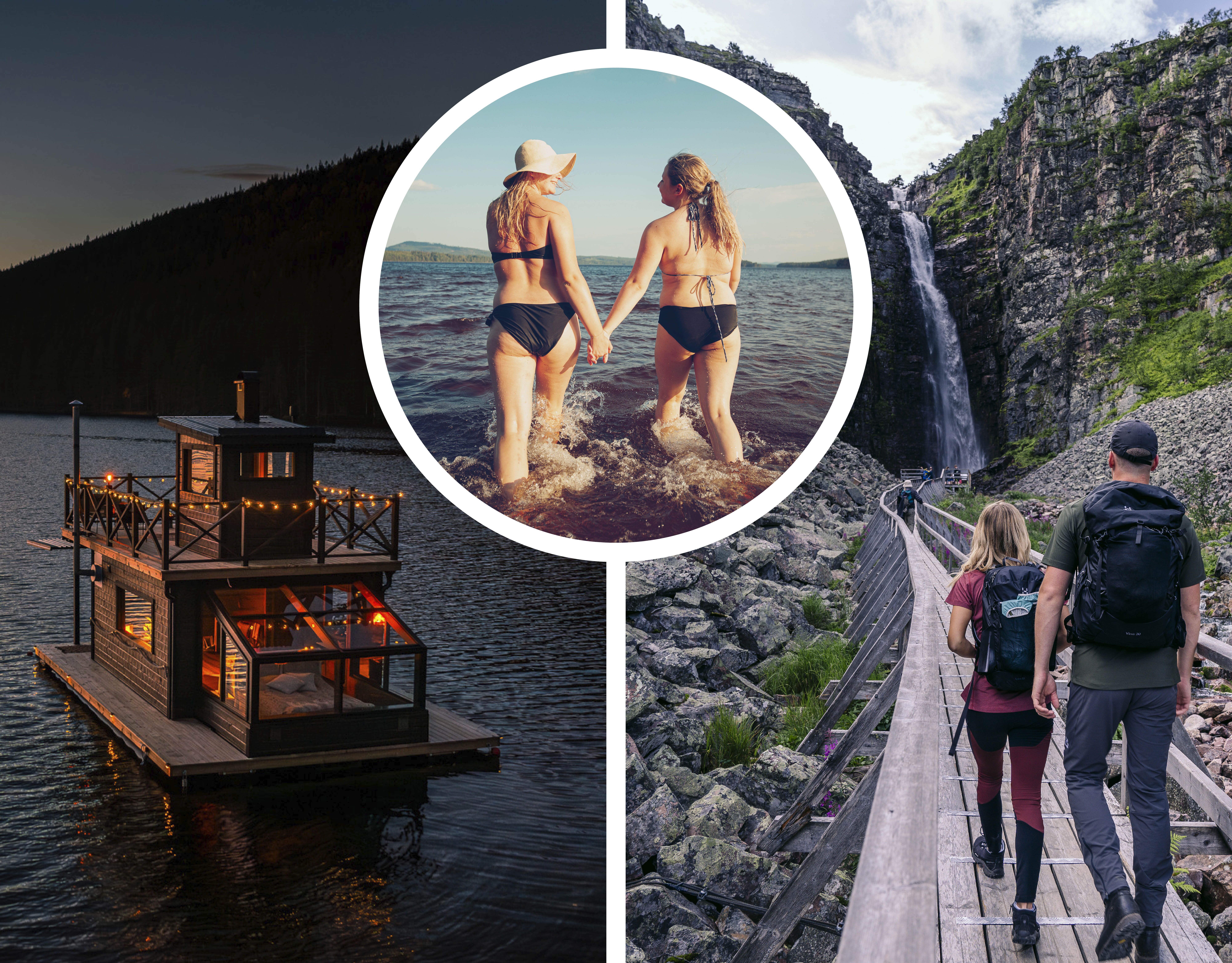 Husbåt ute på sjö. Två tjejer påväg ut i sjön för bad. Ett par går på en spång ut mot vattenfall.