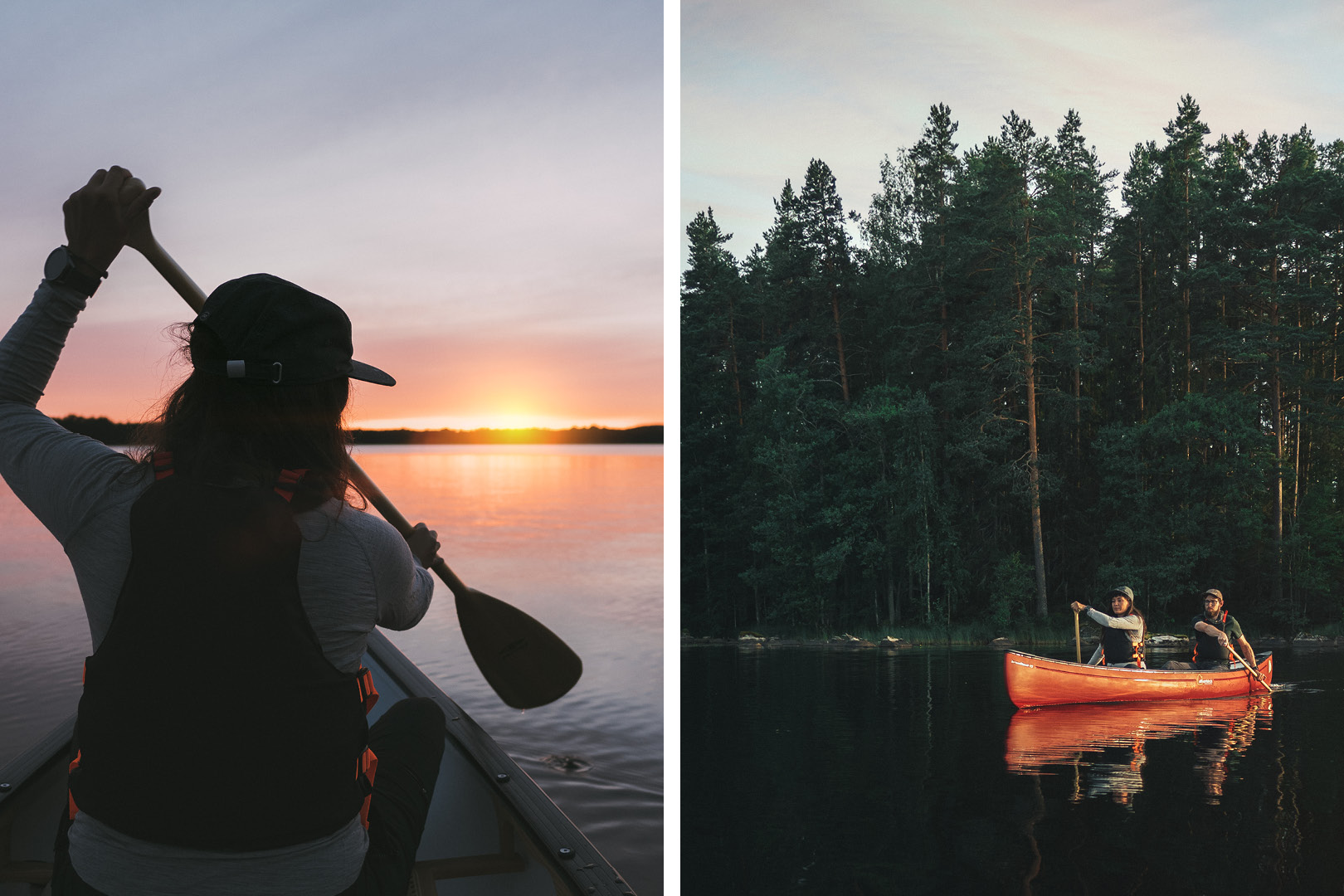 Kollage på paddling i solnedgång.