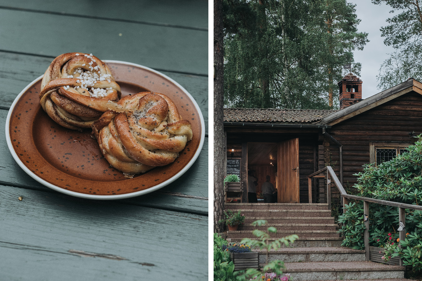 Kollage på en kanelbulle och Ryggåsstugan.