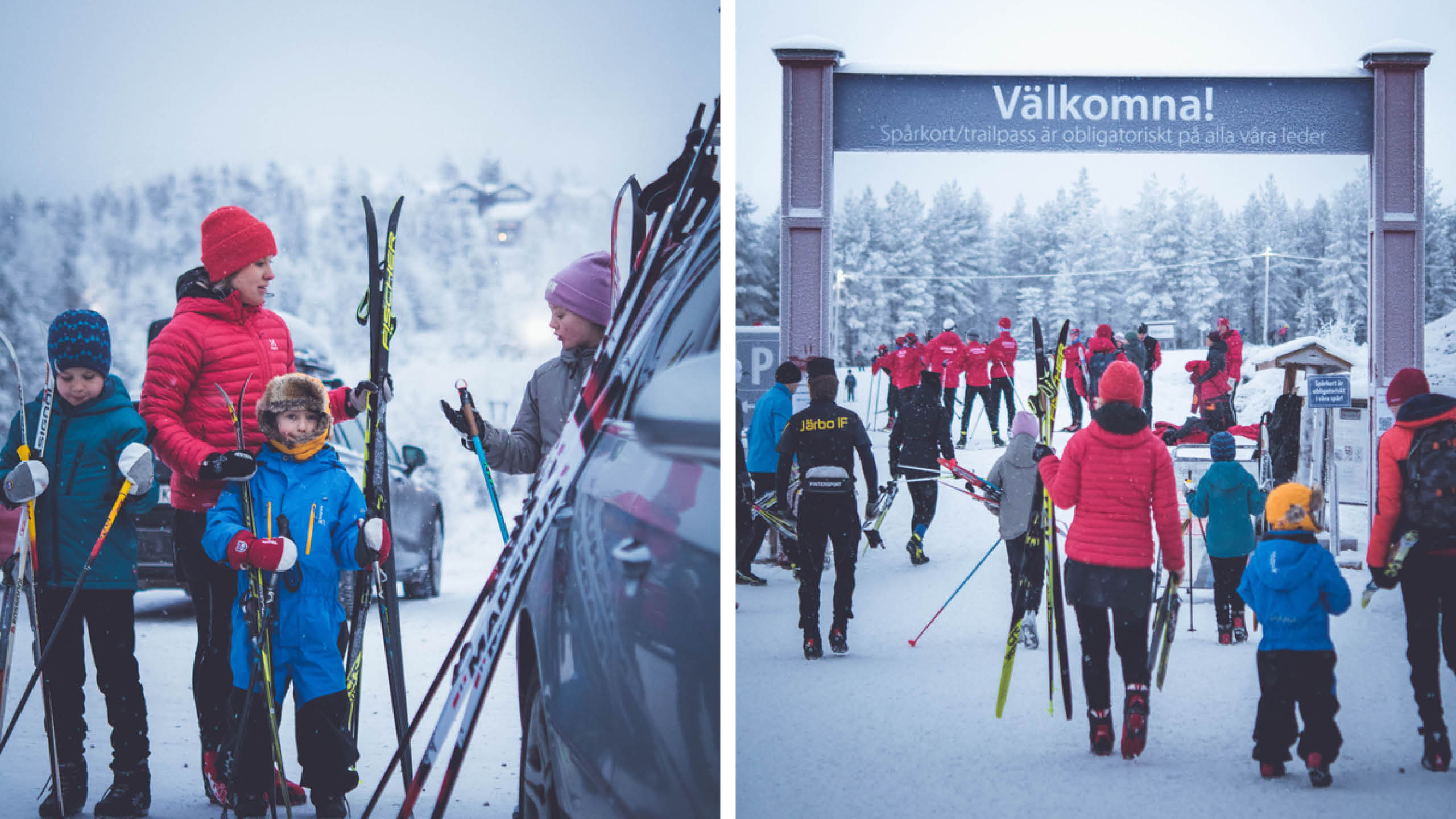 Familjen åker skidor i Orsa Grönklitt.