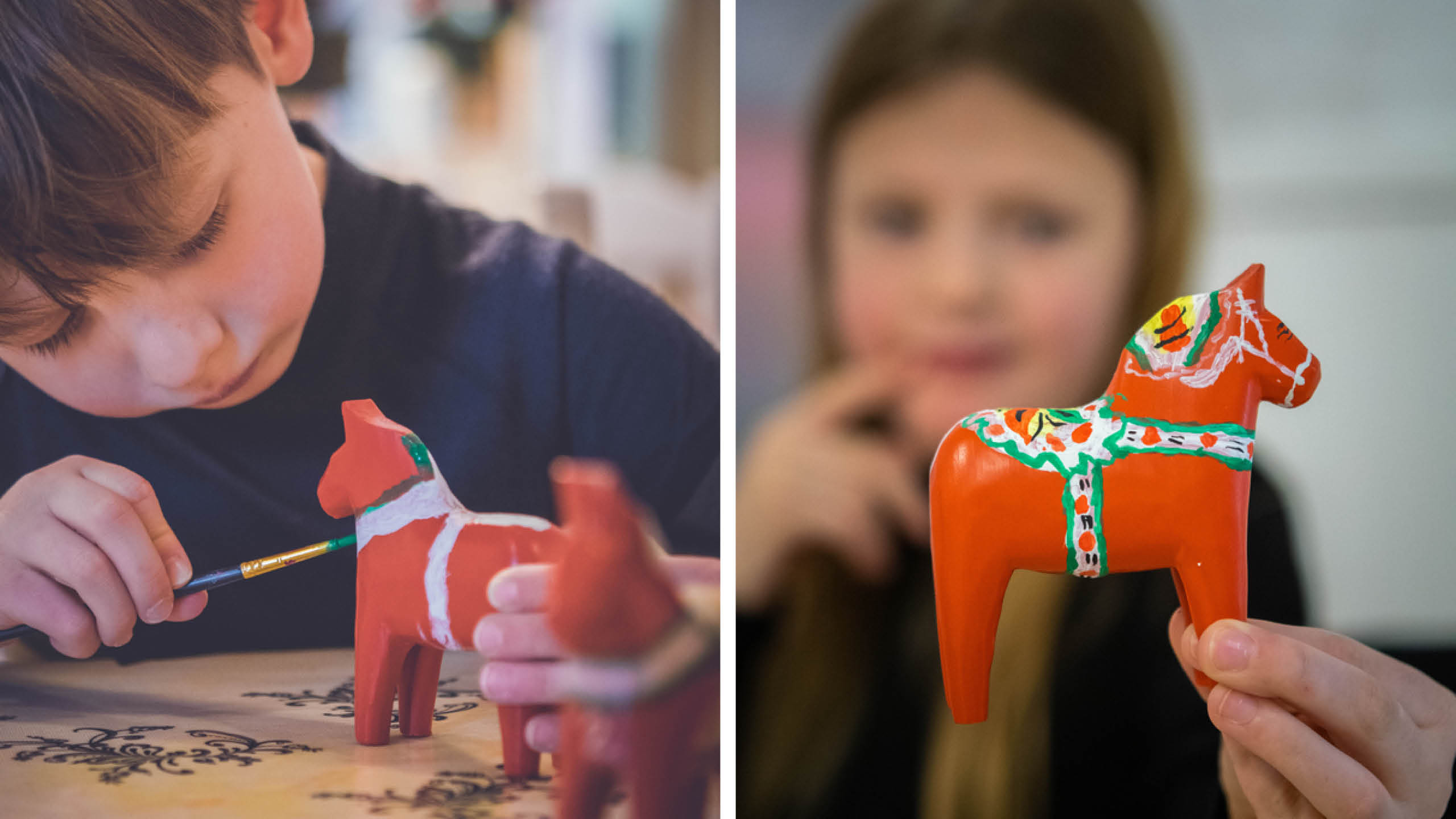 Barn som målar egna dalahästar på Nils Olsson Dalahästar i Nusnäs.