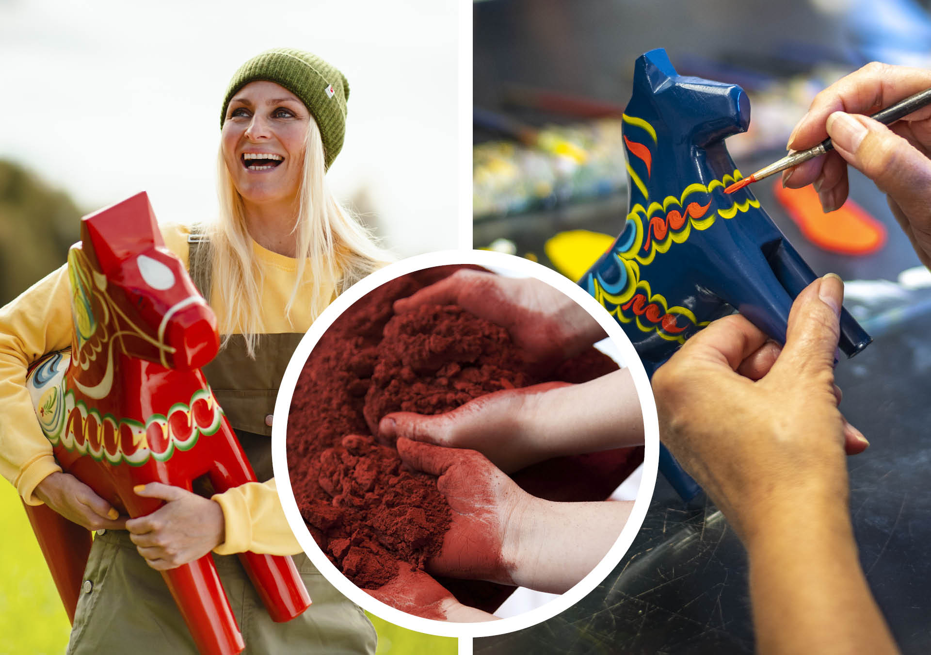 Collage with a woman carrying a Dala Horse and hand painting of a Dala Horse.