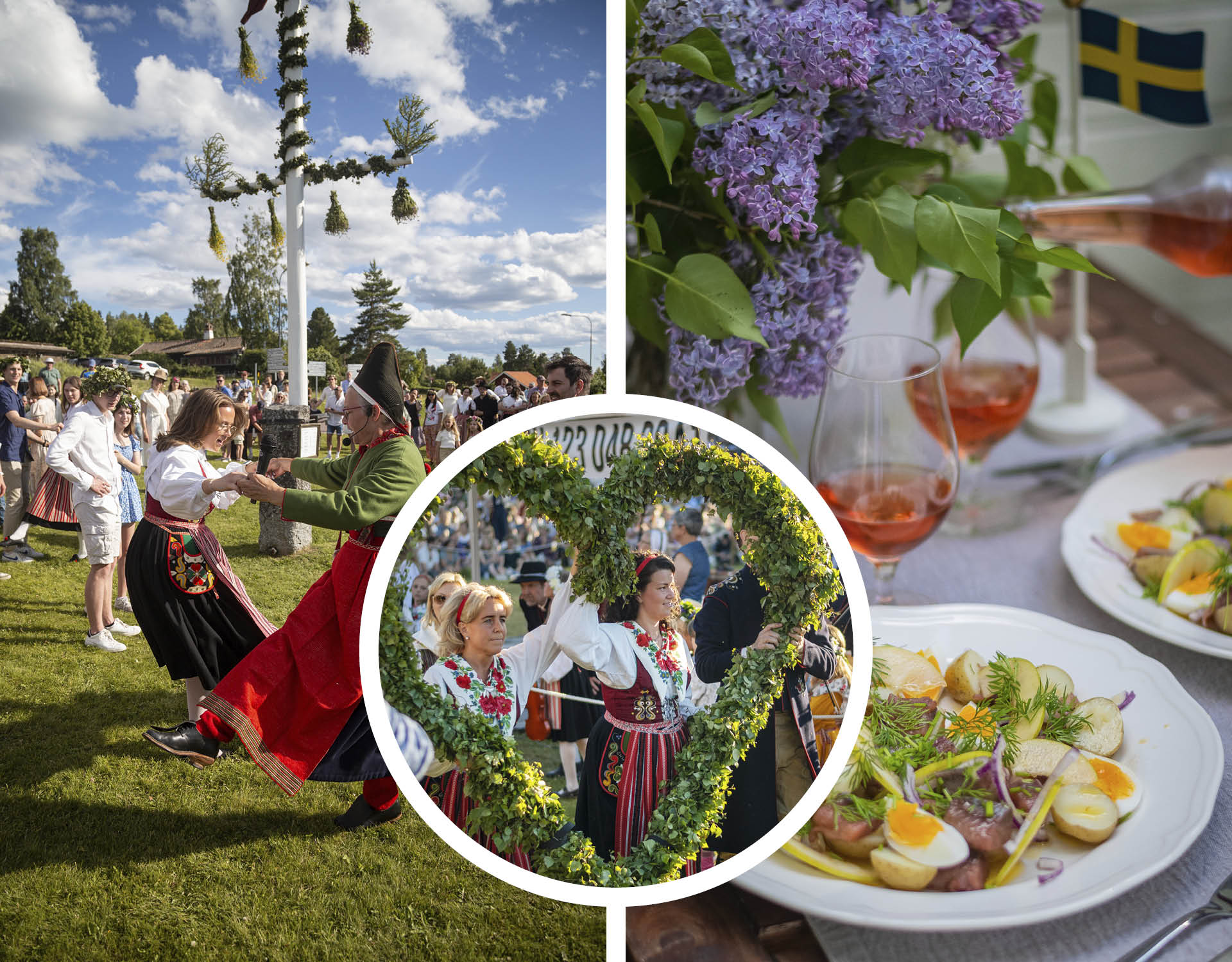 Collage of Midsummer celebrations with dance and traditional food.