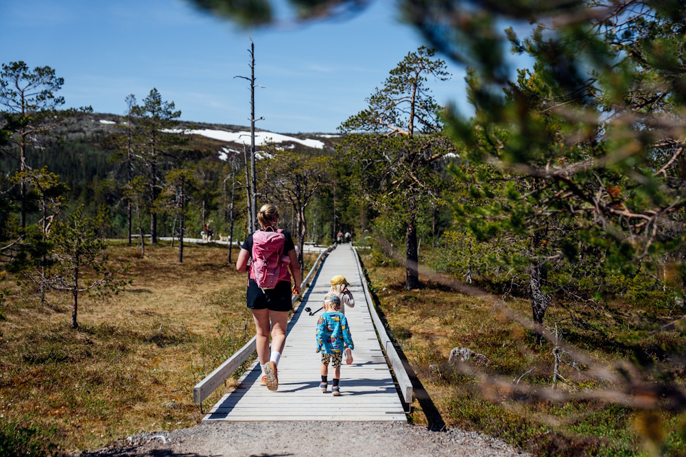 En mamma och två barn vandrar på en gångväg gjord av trä med ett fjäll i bakgruden.