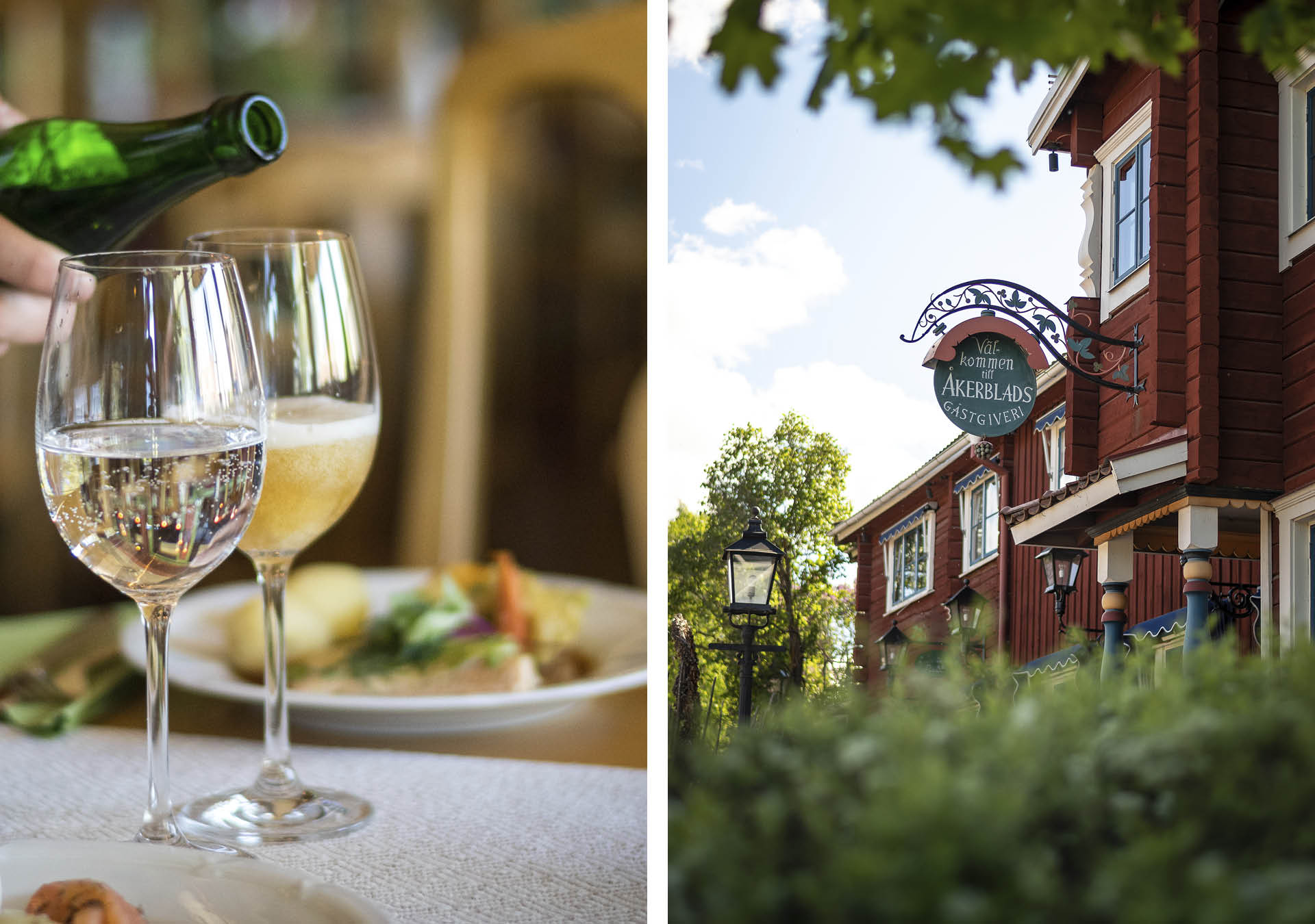 A table is set with two wine glasses being filled and a served dinner plate. To the right is the exterior of the entrance to Åkerblads with a large cast iron sign.