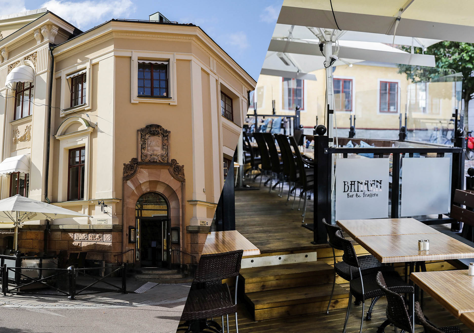 Exterior of the entrance to the Bank and its outdoor seating area.