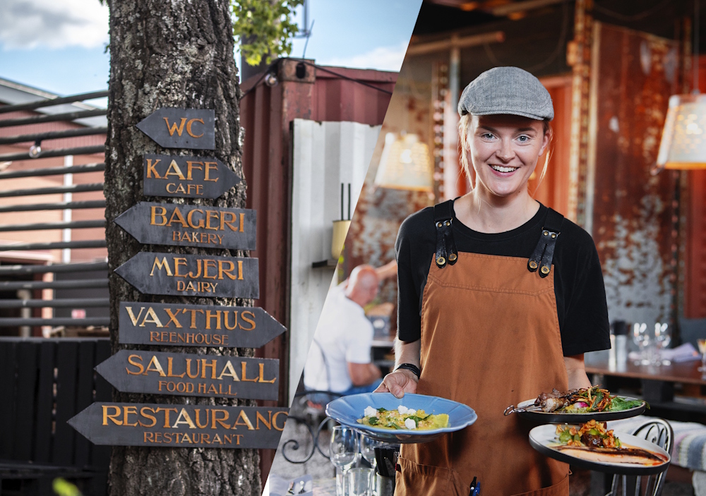 Signs that shows how to find the different places. A young woman serving.