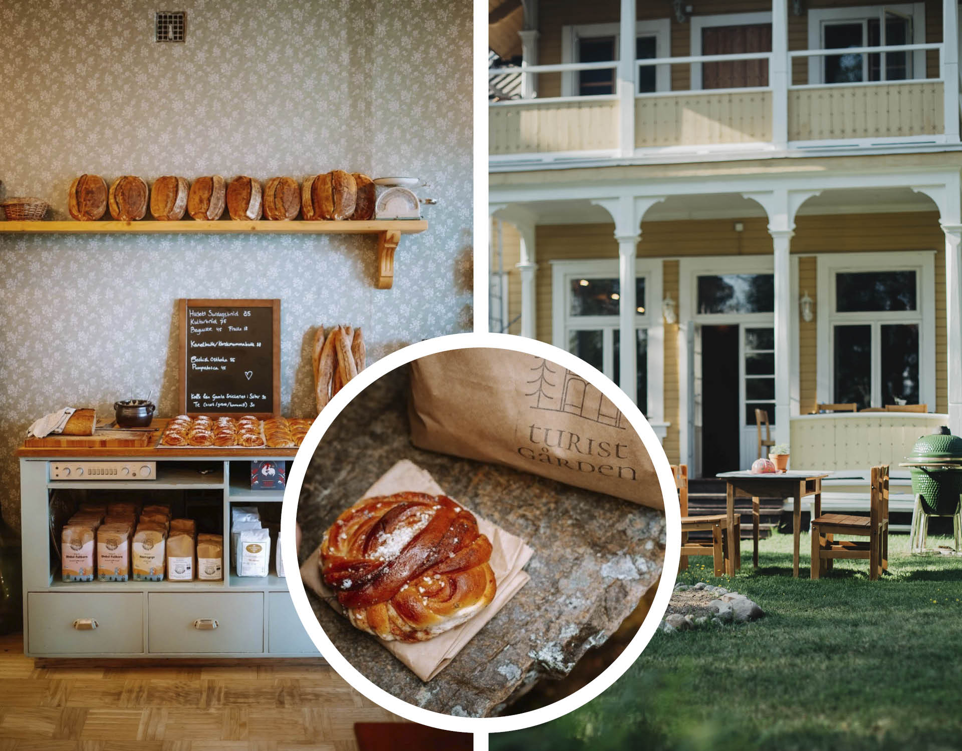 A round picture in the middle with a freshly baked bun next to a paper bag. On the left a bench with buns and flour bags laid out. On the right exterior of the Tourist Farm with garden furniture outside the veranda.