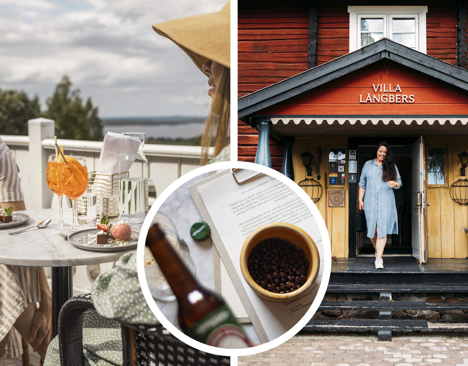 Gäster sitter ute på balkonen med fin utsikt. En ölflaska och bär. Sara Rönne kommer ut från entrén till Villa Långbers.