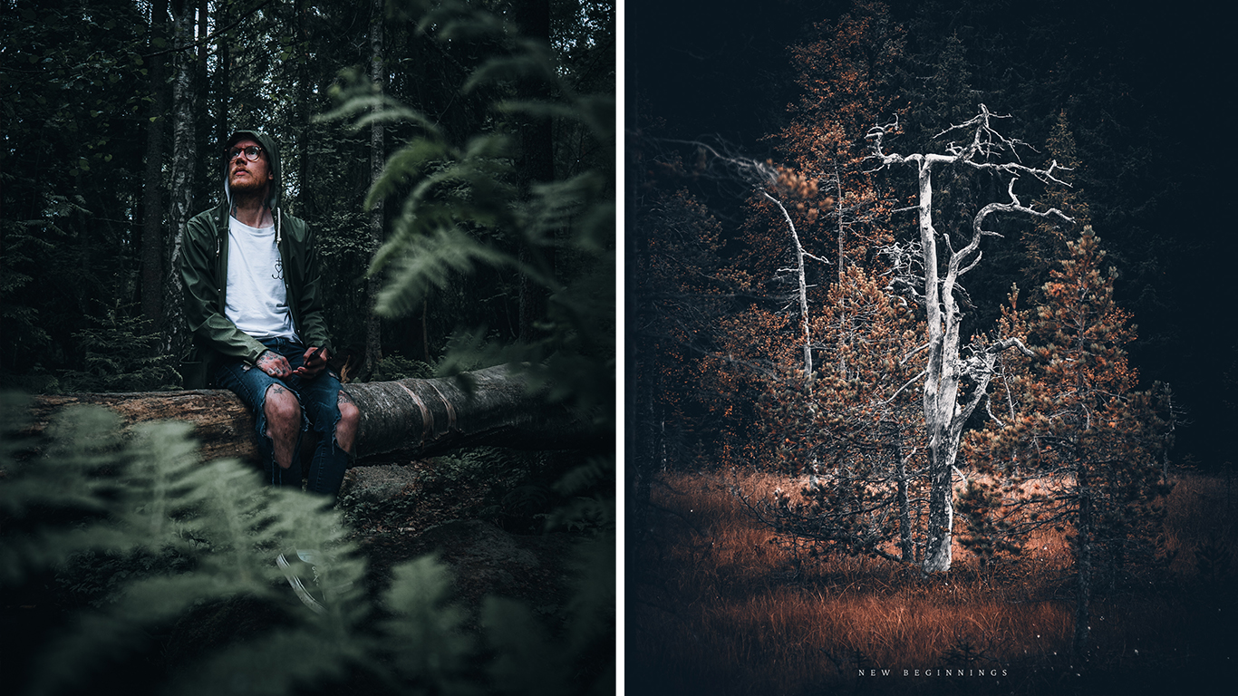 En man sitter på ett fallet träd och ett vitt träd i höstig skog.