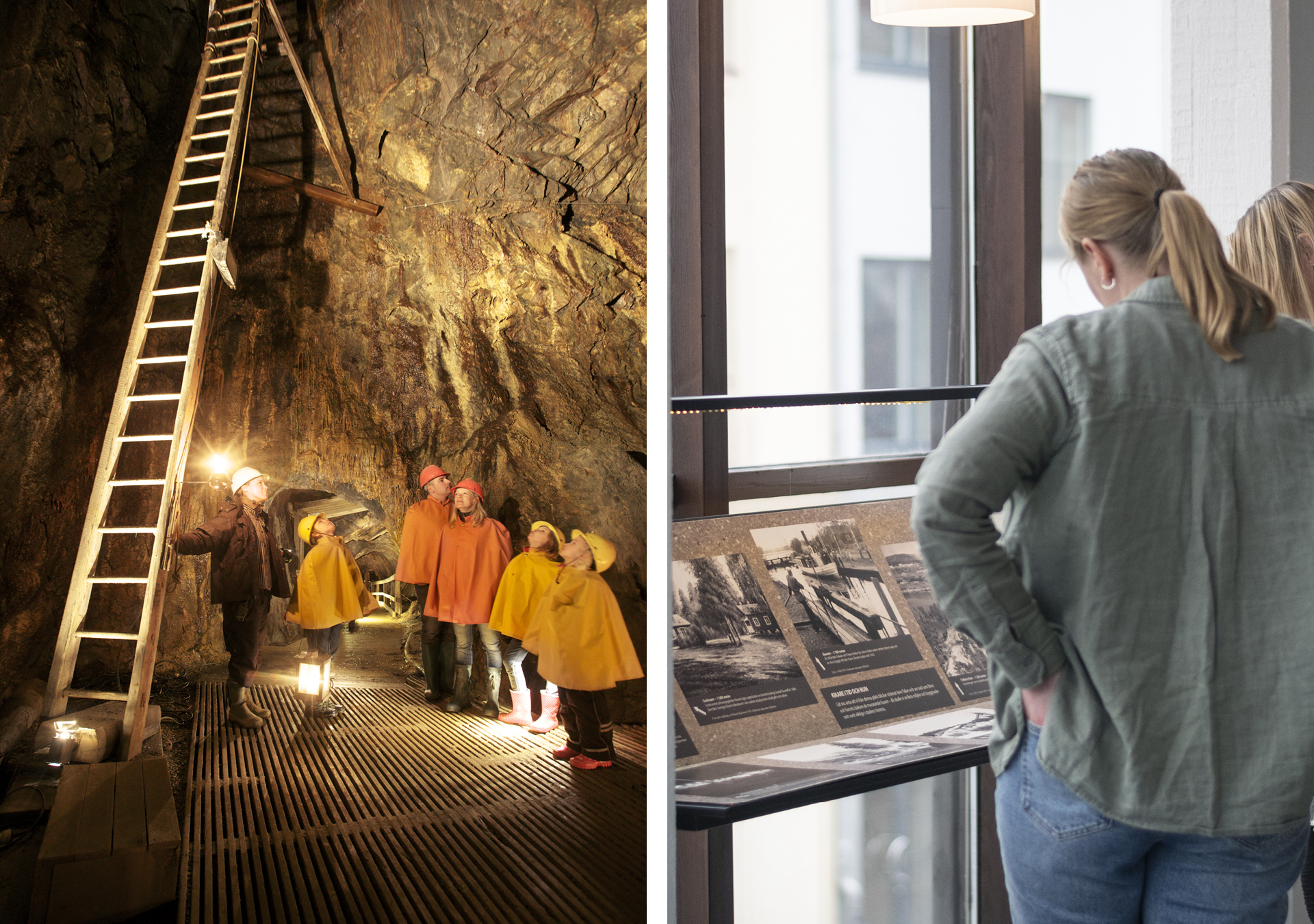 Världsarvet Falun med en familj på guidad tur nere i Falu Gruva. Två besökare tittar på utställning på Dalarnas museum.