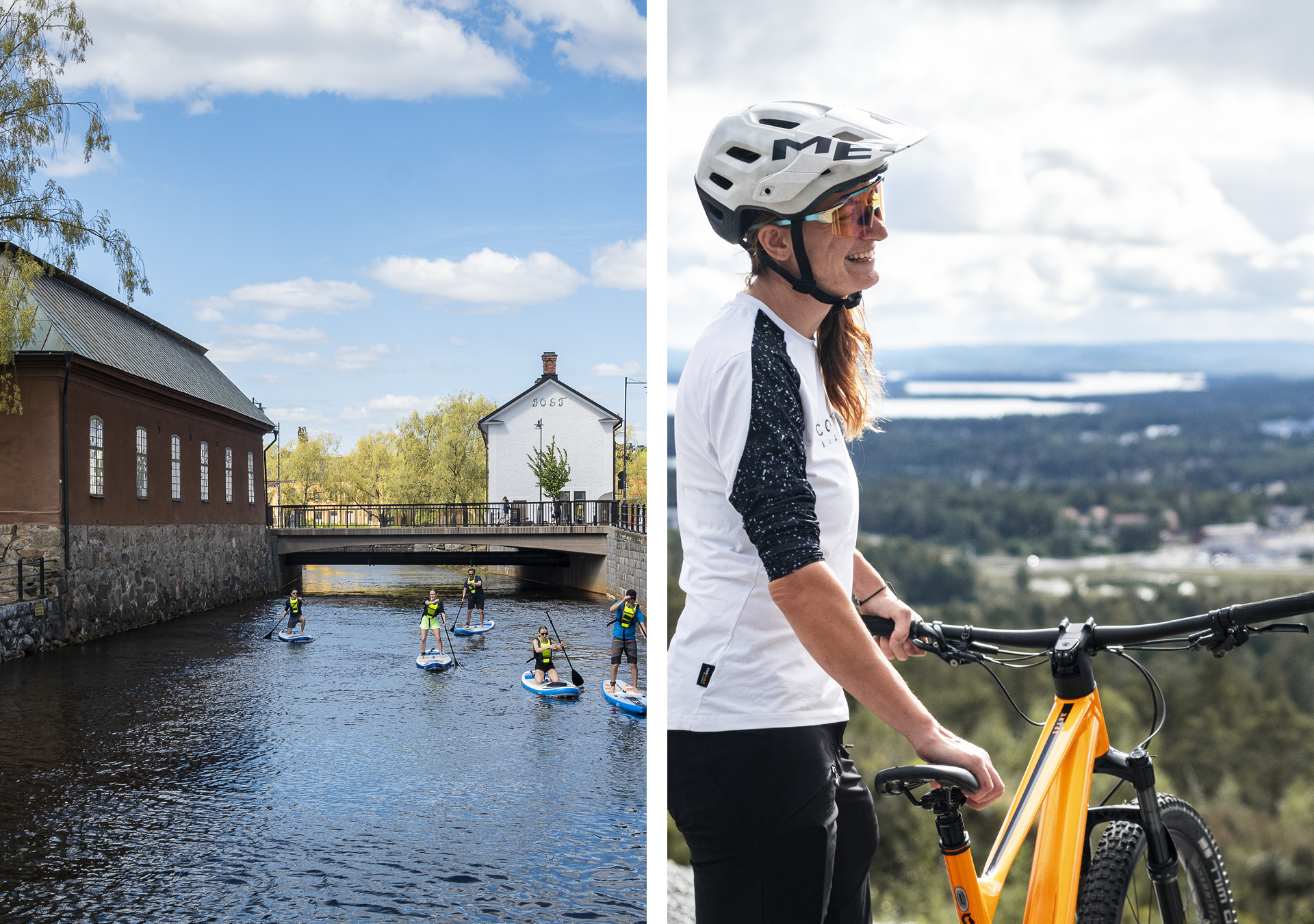 SUP paddling i Faluån. Cyklist som njuter av en fin cykeltur.