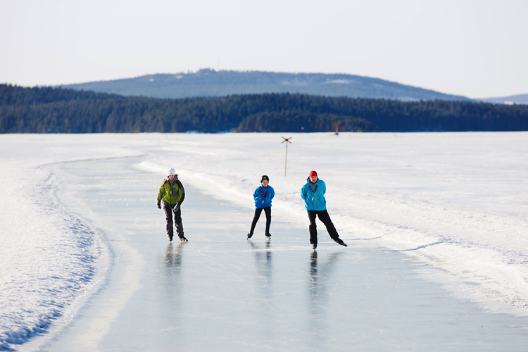 People ice skating on a lake.