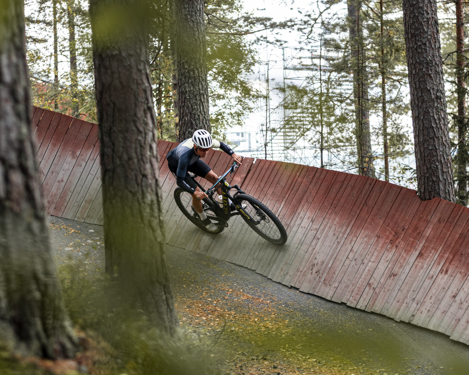 En person cyklar i skogsmiljö.