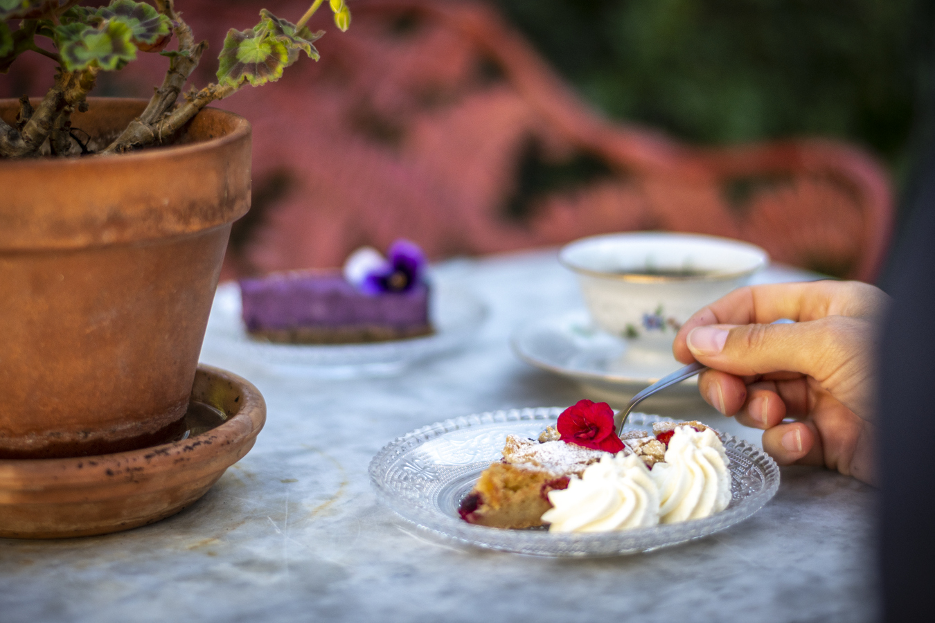 Fika i trädgården hos Café Wahlman i Hedemora.